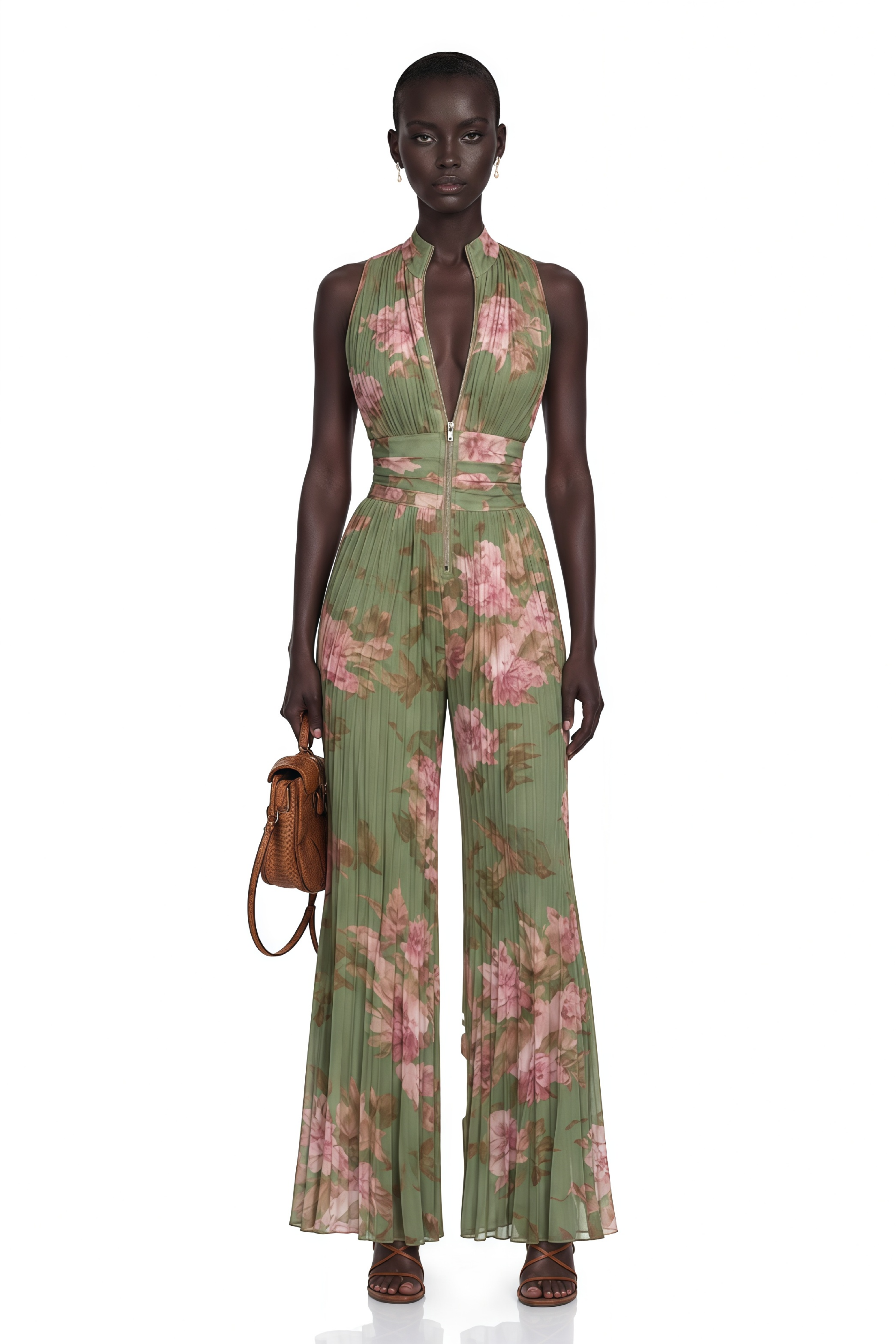 Ecem Green Mock Neck Ruched Jumpsuit with Floral Print