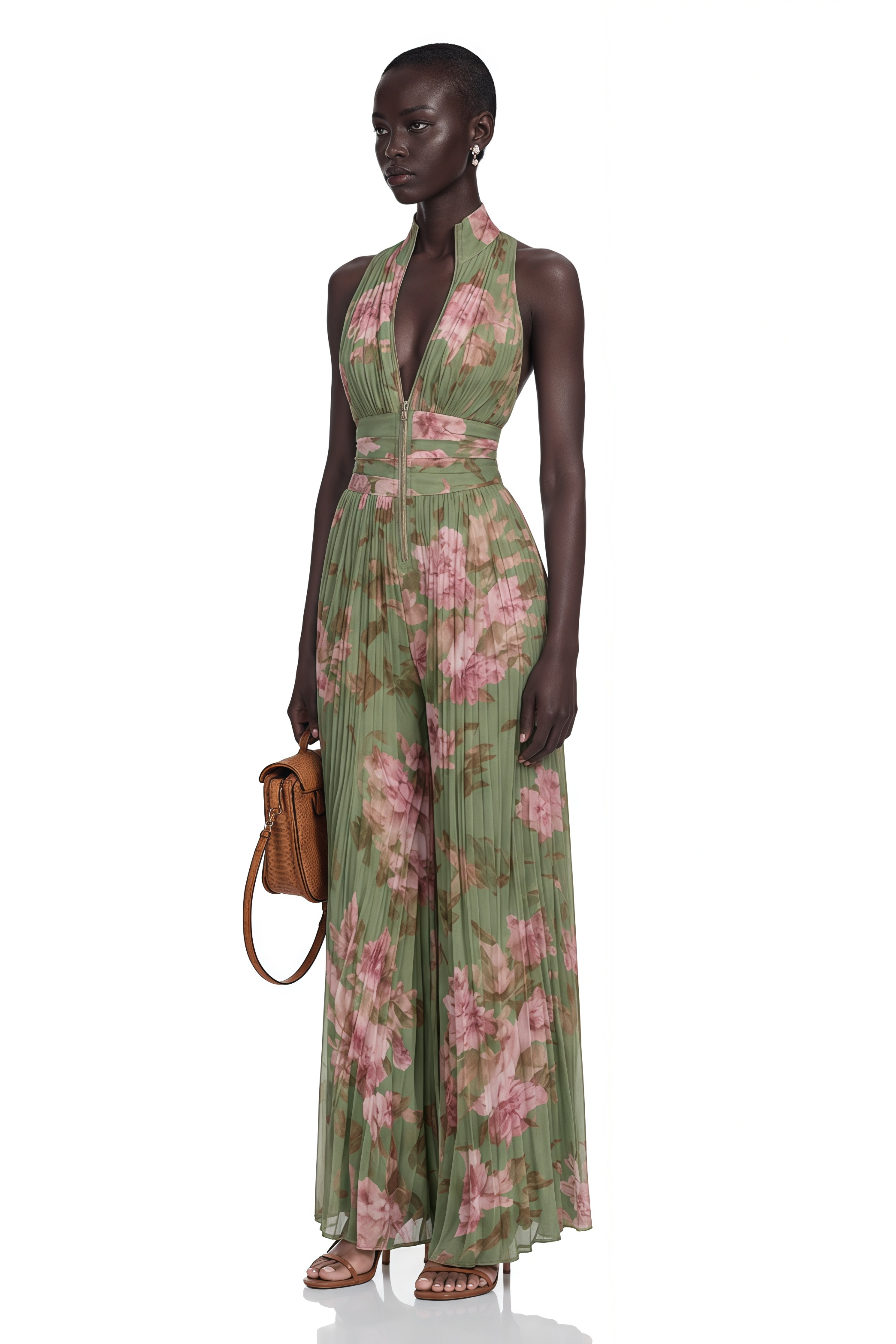 Ecem Green Mock Neck Ruched Jumpsuit with Floral Print