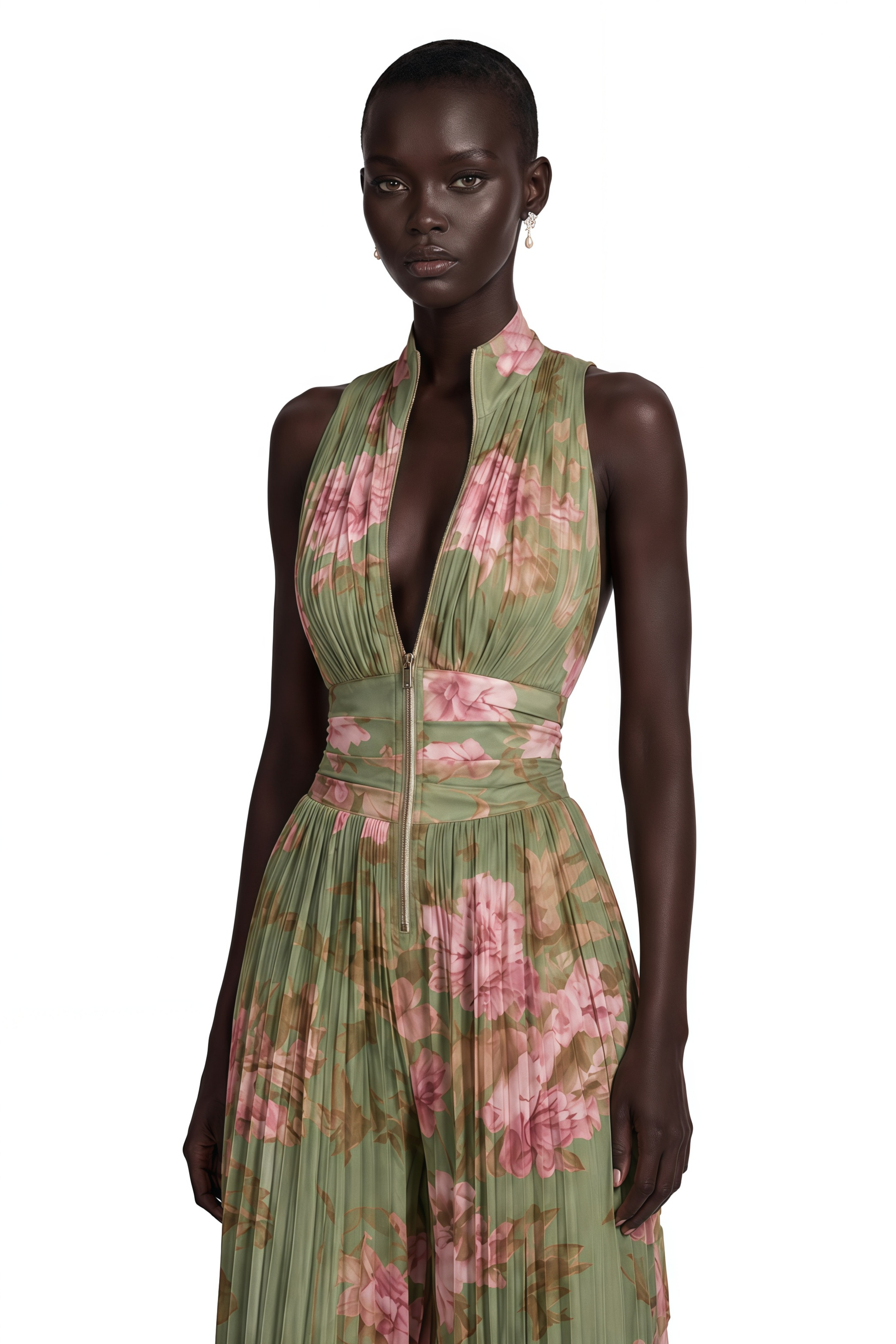 Ecem Green Mock Neck Ruched Jumpsuit with Floral Print