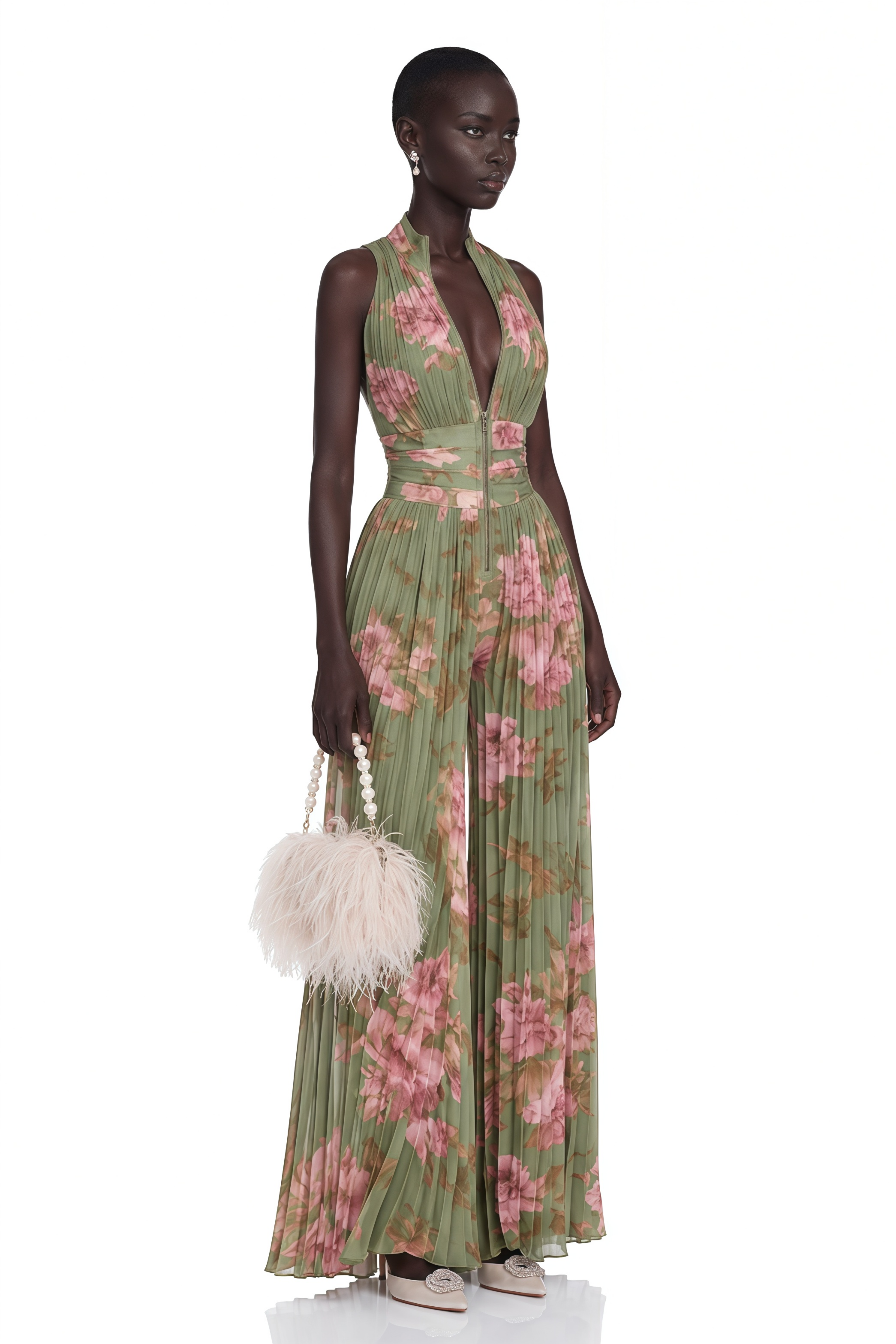 Ecem Green Mock Neck Ruched Jumpsuit with Floral Print