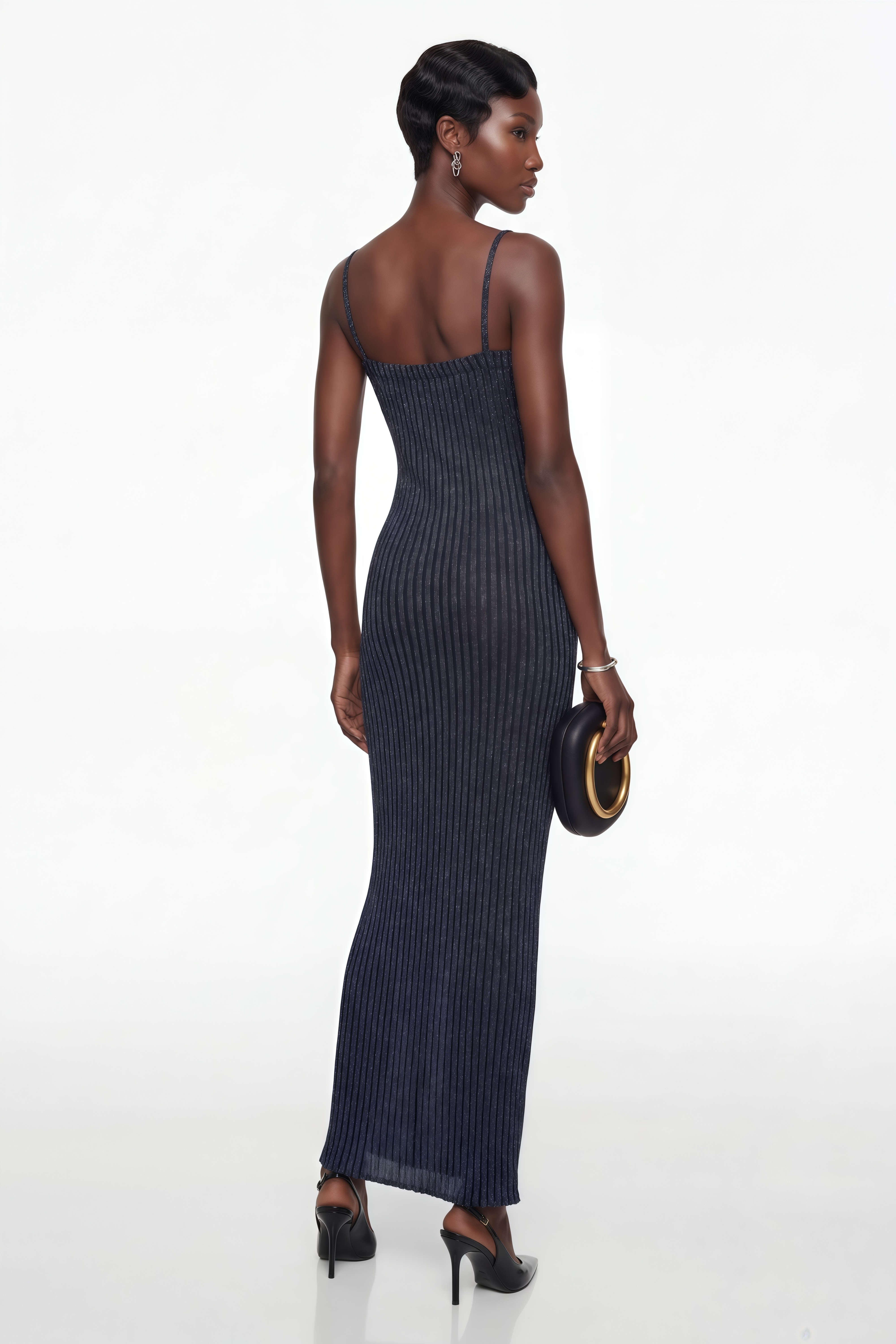 Eden Dunkelblau Metallic Strick-Maxikleid