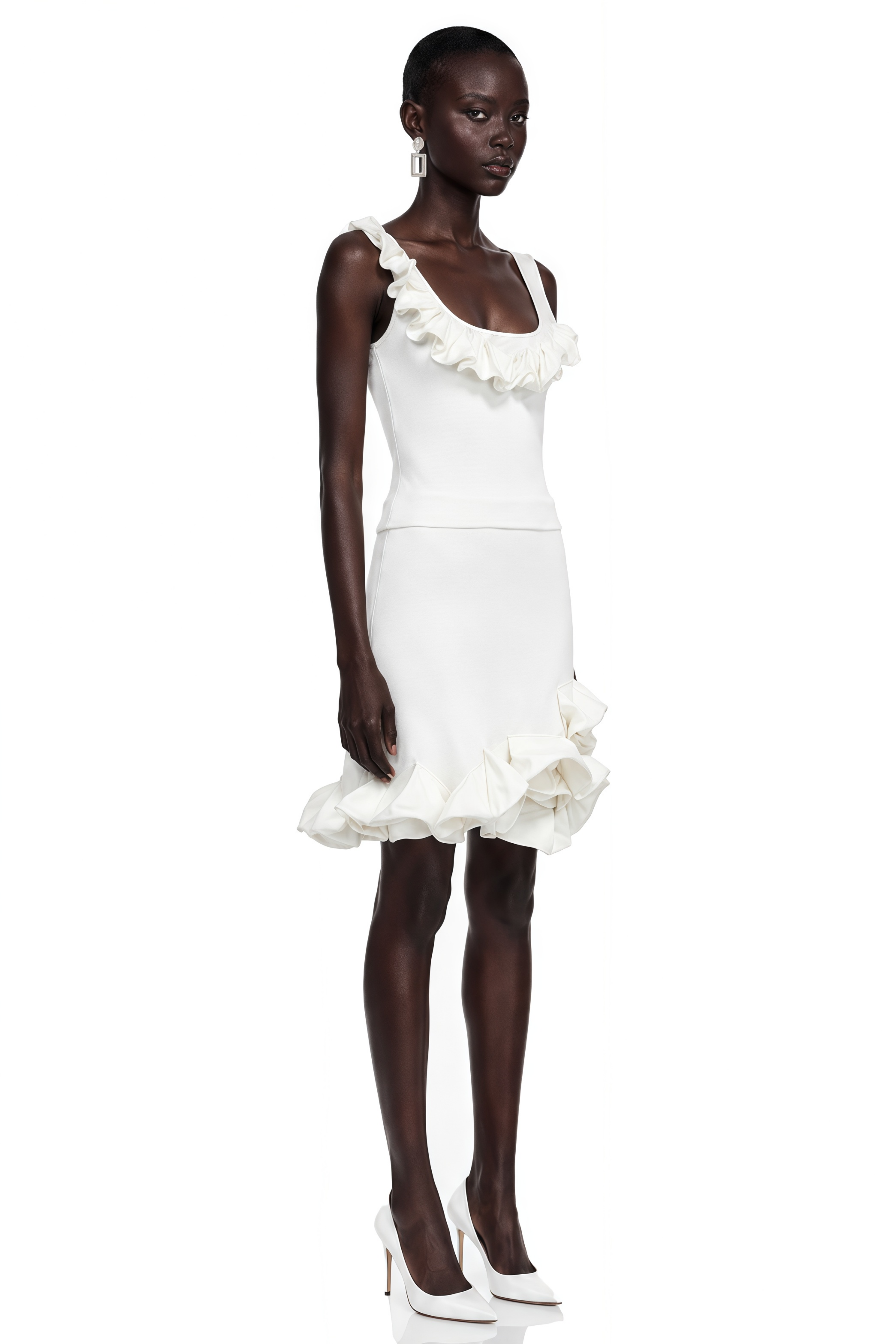 Edith White Round Neck Top & Skirt Set with Ruffled Trim