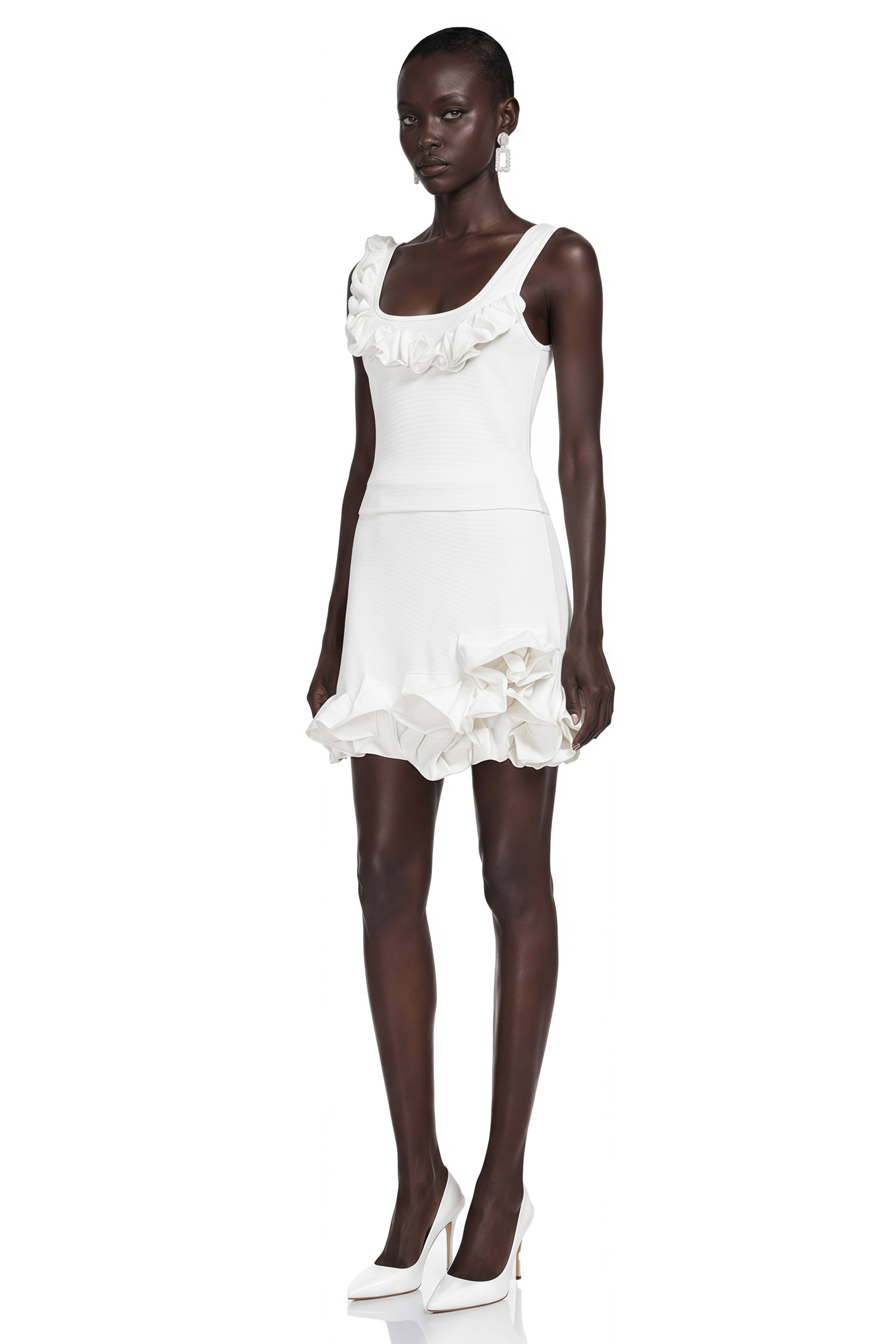 Edith White Round Neck Top & Skirt Set with Ruffled Trim