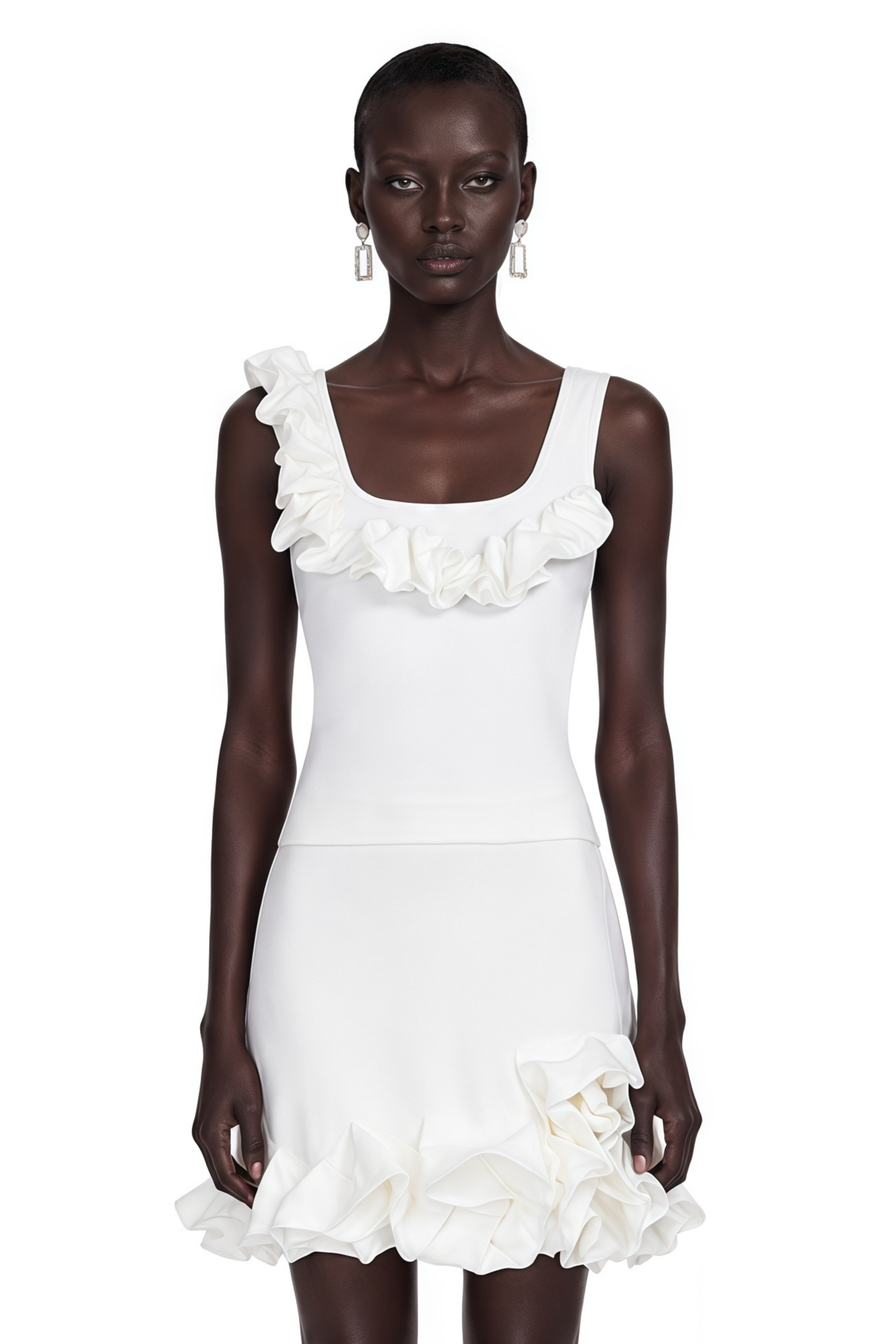 Edith White Round Neck Top & Skirt Set with Ruffled Trim