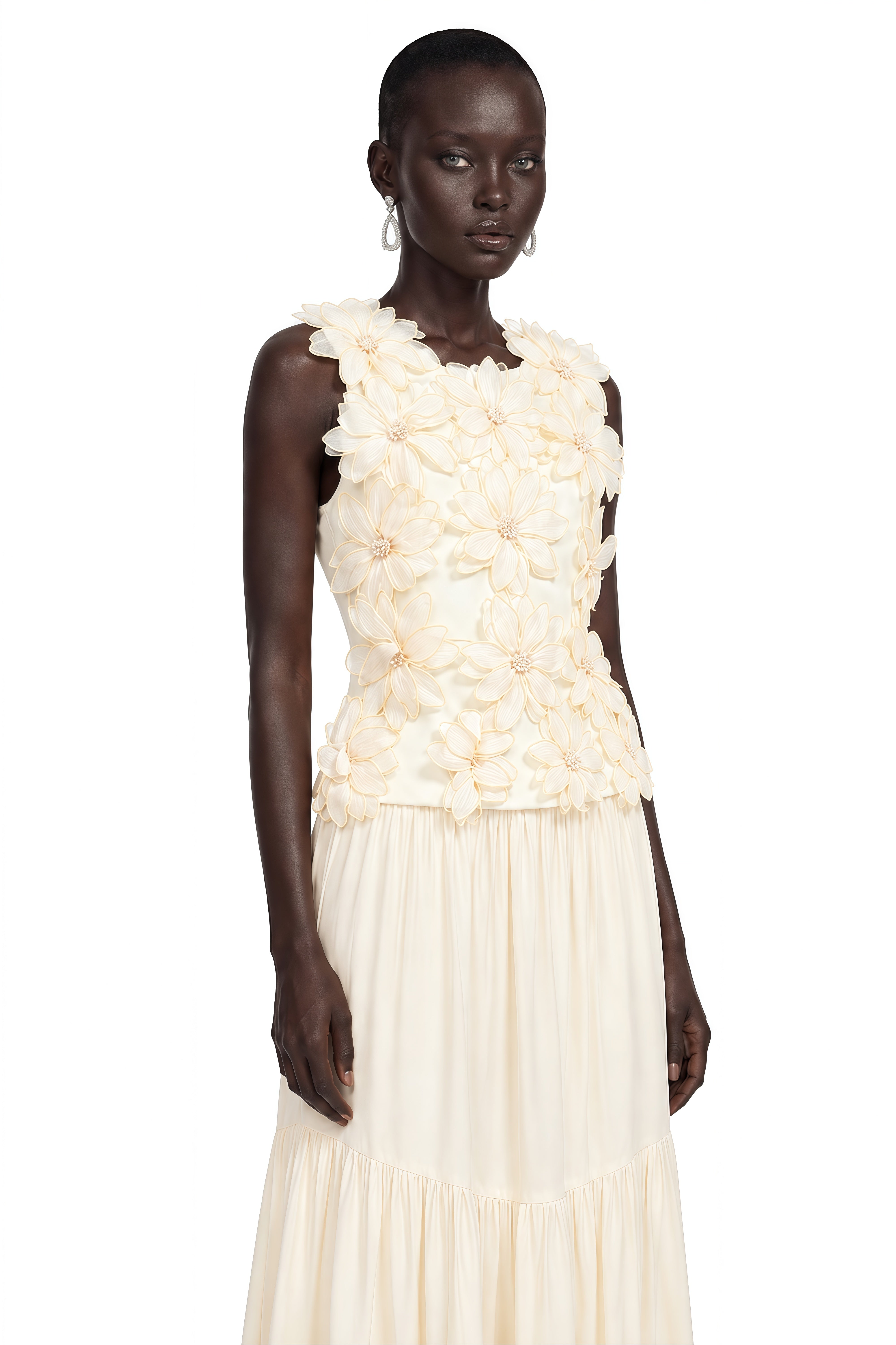 Edna Cream White Sleeveless Top with 3D Florals