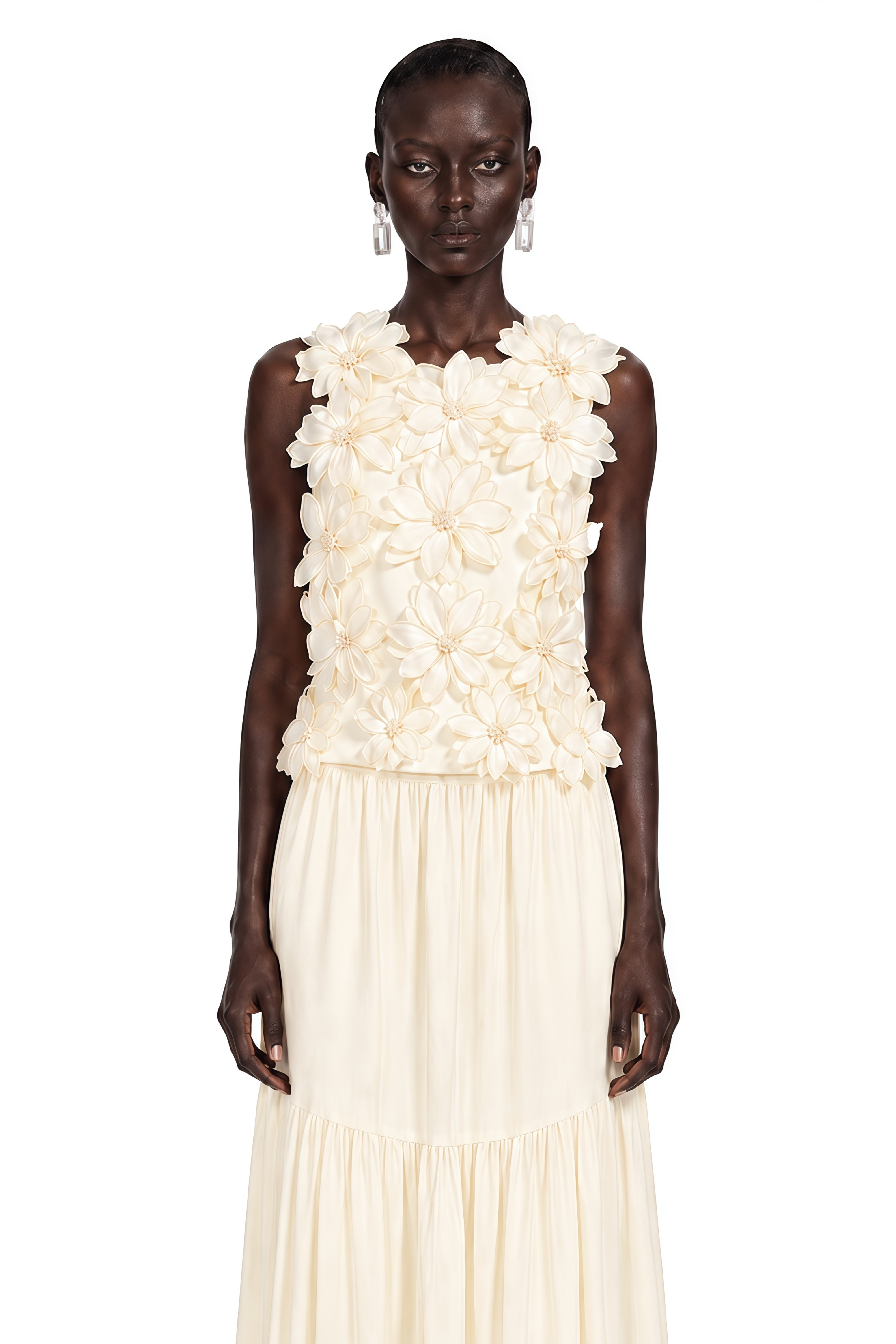 Edna Cream White Sleeveless Top with 3D Florals