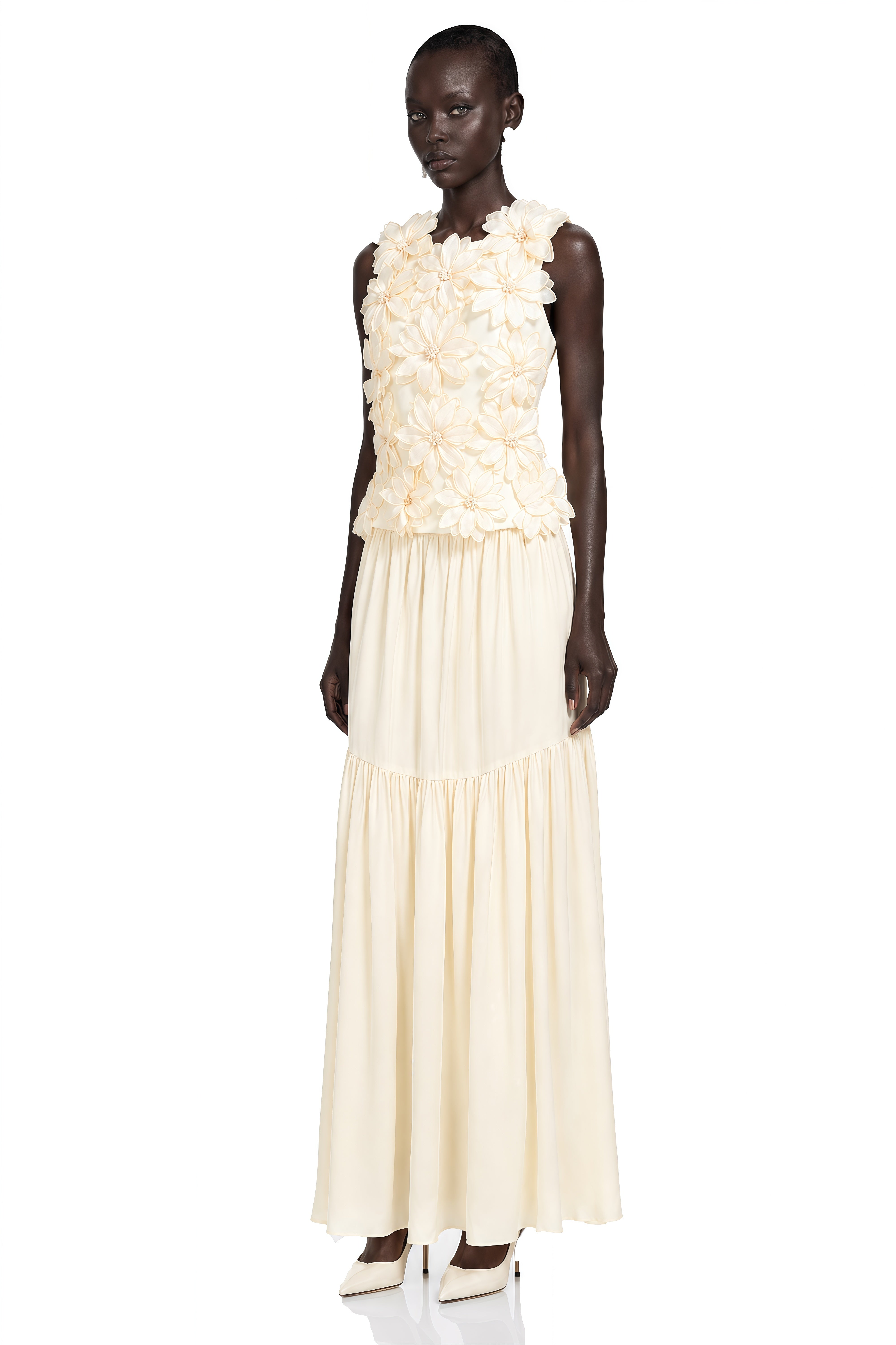 Edna Cream White Sleeveless Top with 3D Florals