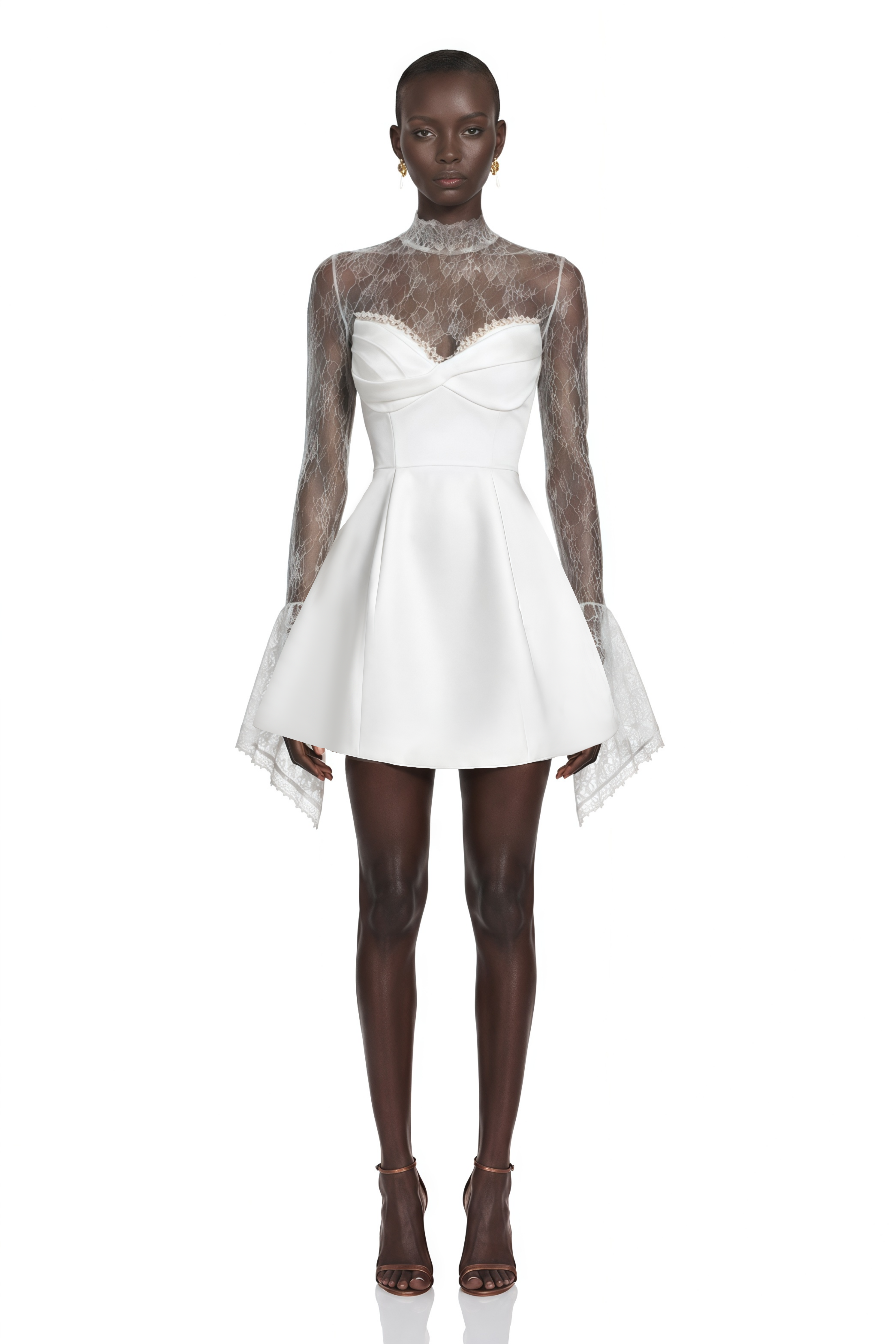 Eevi White Turtleneck Ruched Mini Dress with Lace Panels
