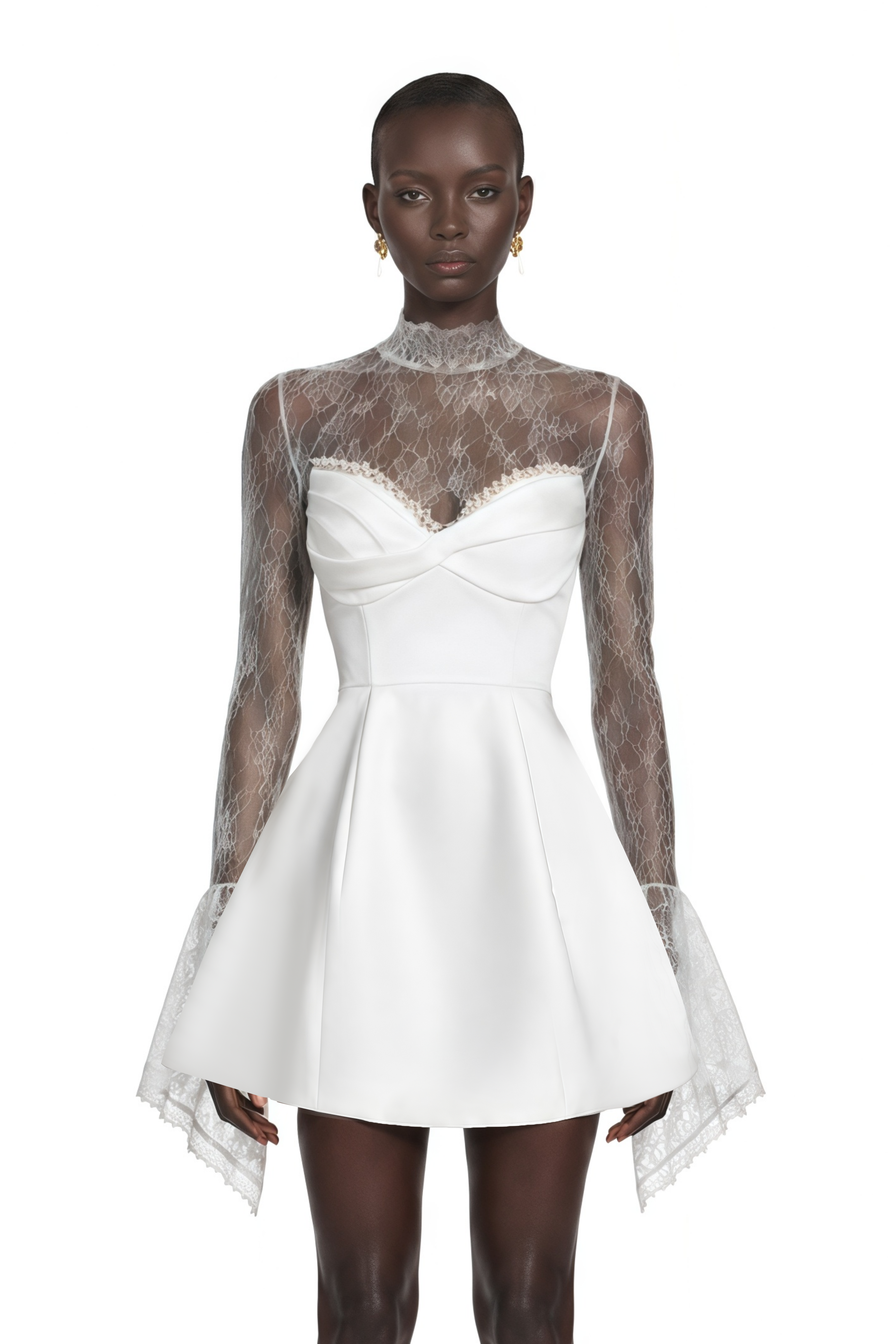 Eevi White Turtleneck Ruched Mini Dress with Lace Panels