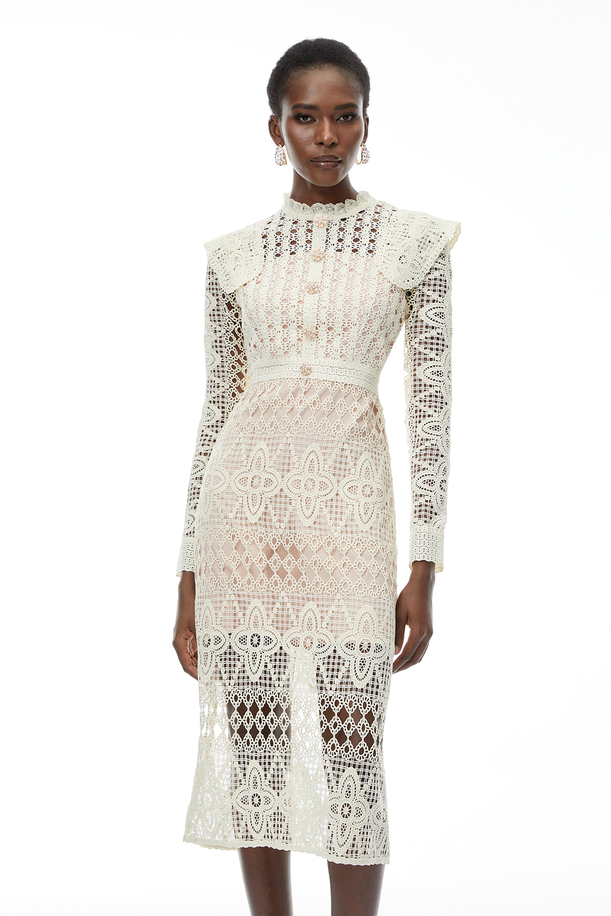 Midi-Kleid aus floraler Spitze mit Cut-outs in der Farbe Eglantine Ivory