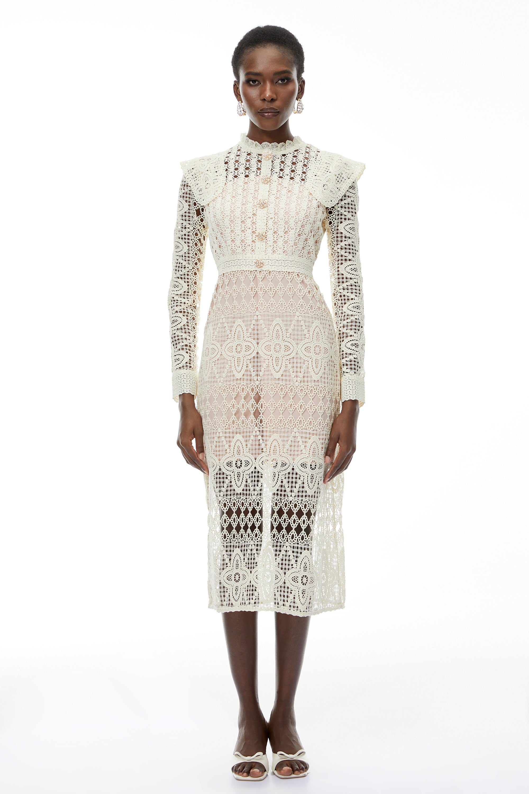 Midi-Kleid aus floraler Spitze mit Cut-outs in der Farbe Eglantine Ivory