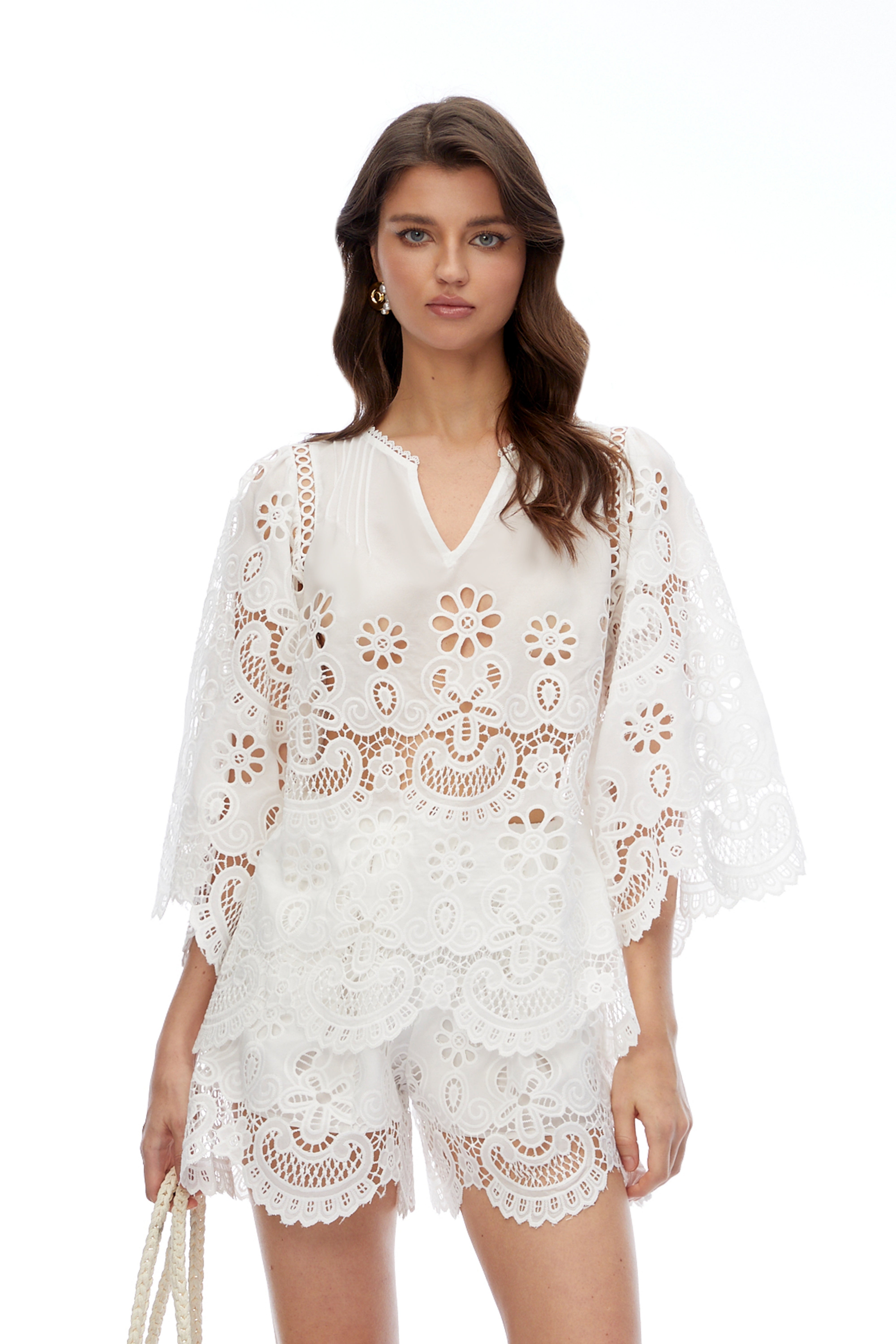 Itziar White V-Neck Lace Top & Shorts Set with Cut-Outs