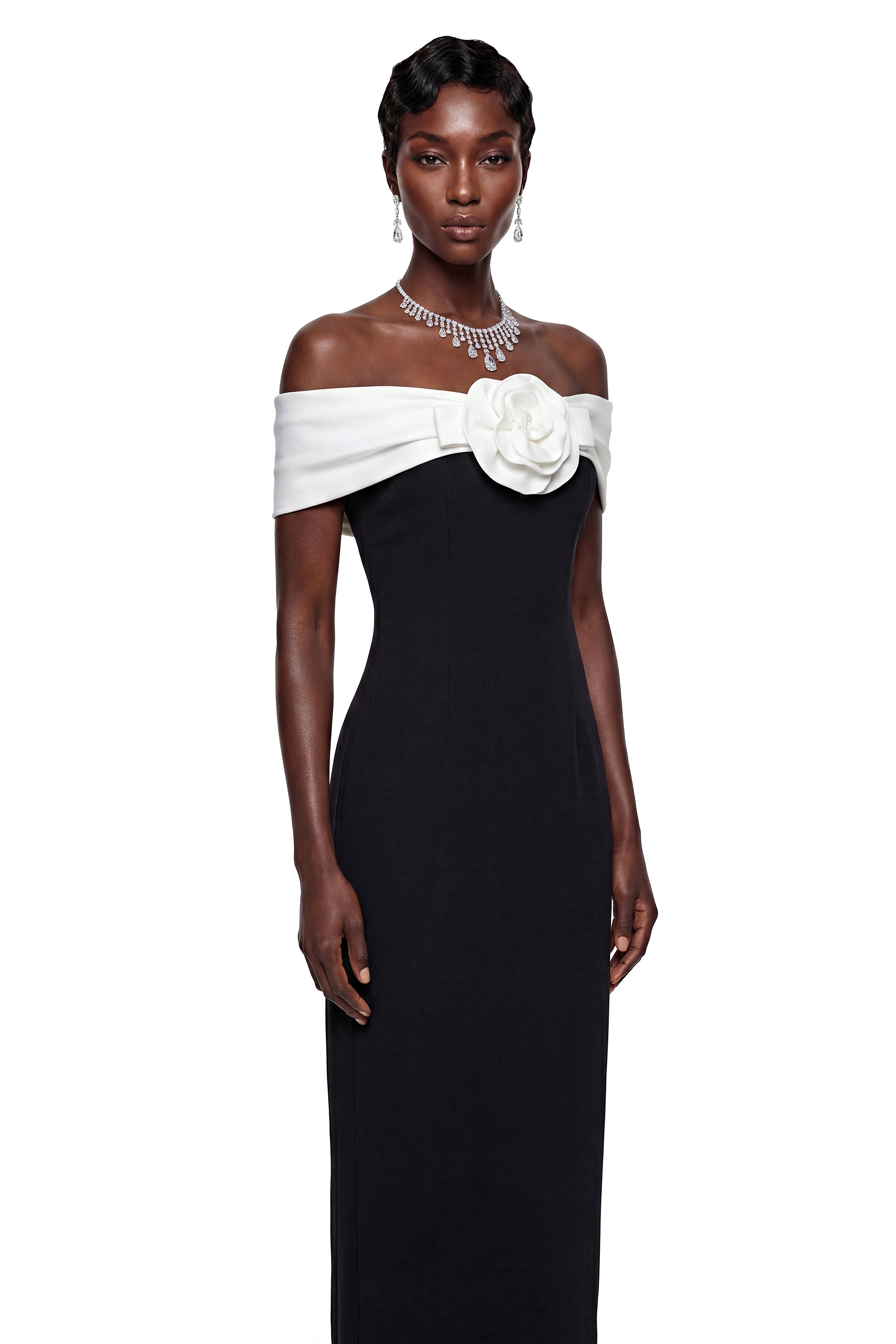 Ehteram Black Color Block Maxi Dress with 3D Petals