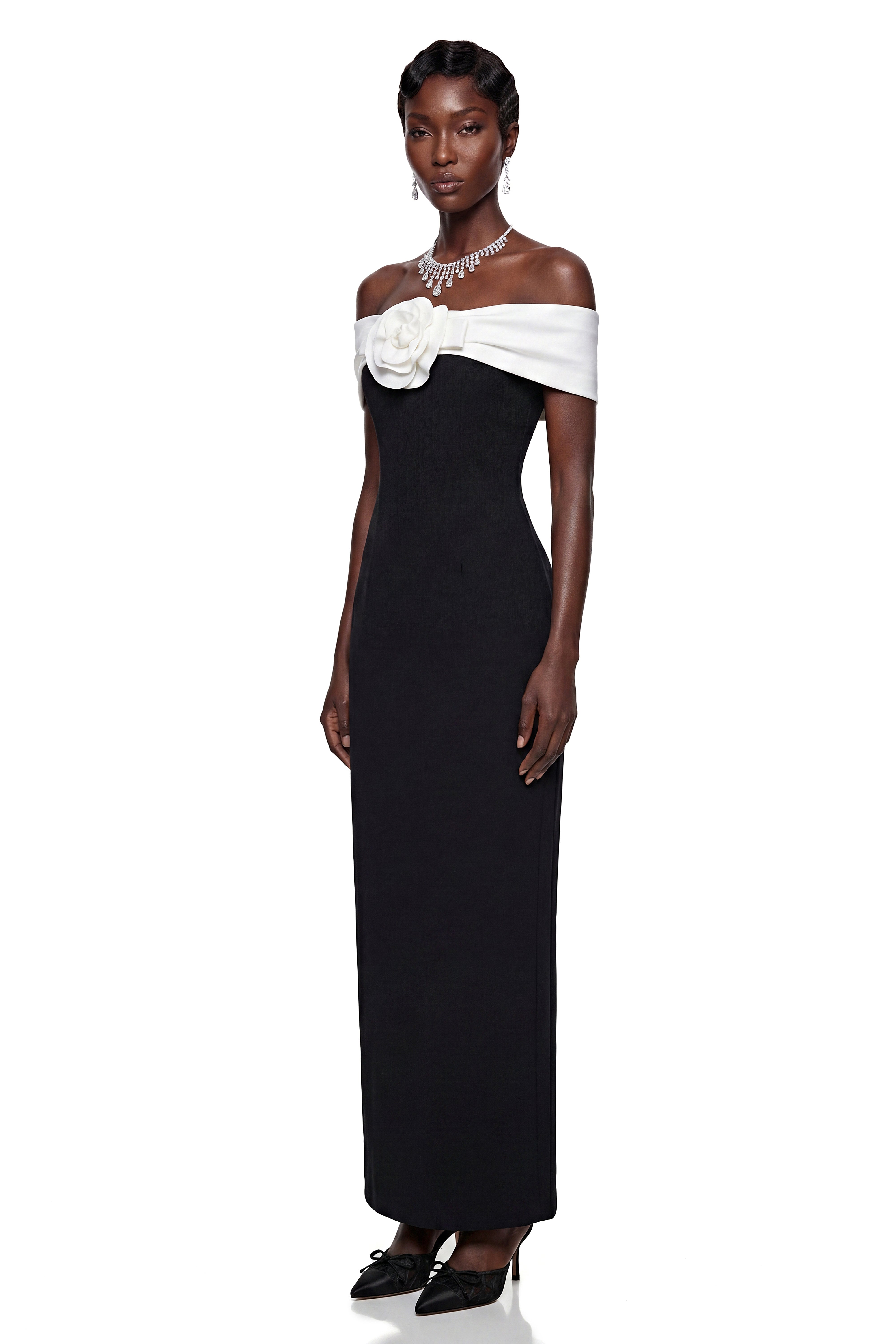 Ehteram Black Color Block Maxi Dress with 3D Petals