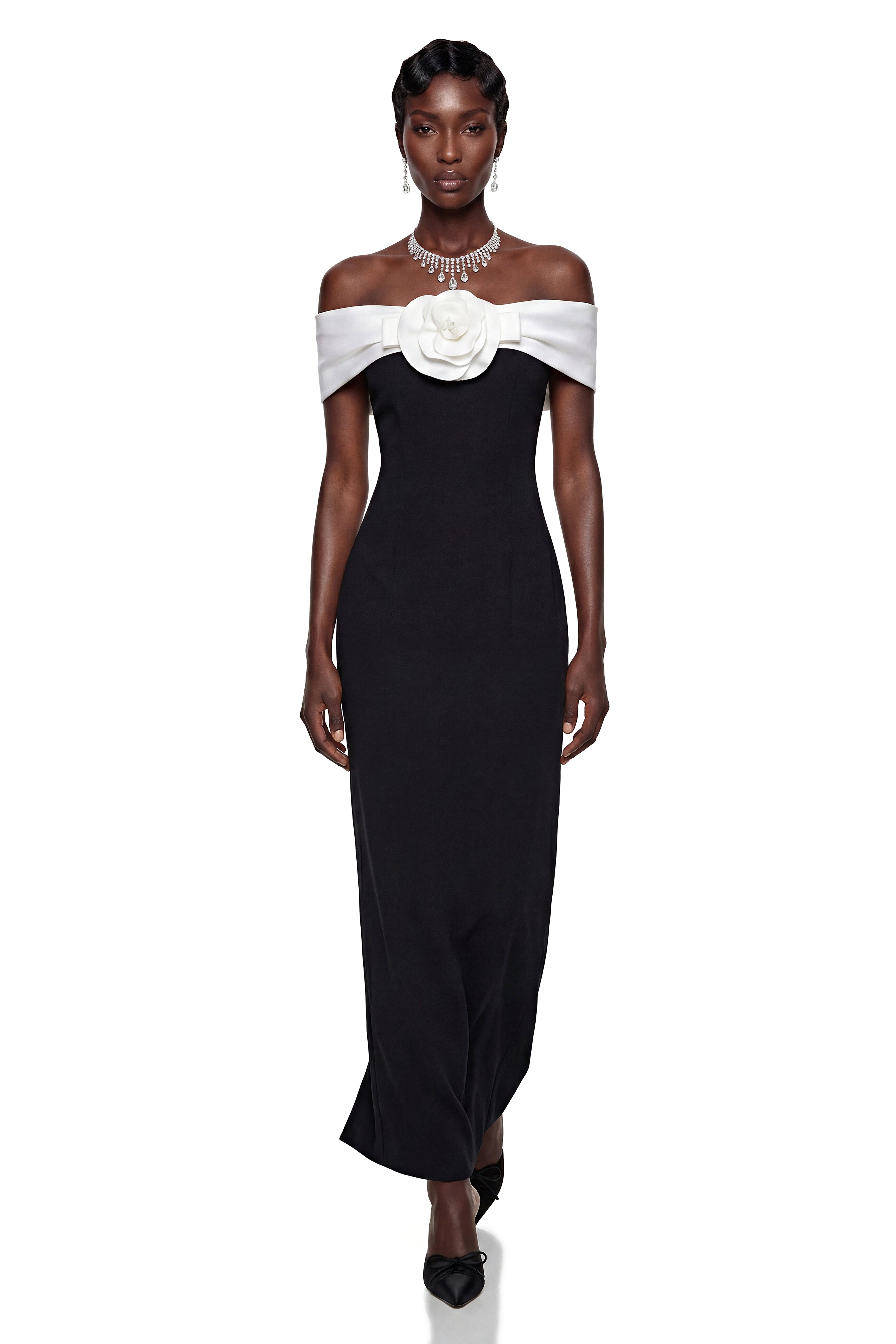 Ehteram Black Color Block Maxi Dress with 3D Petals