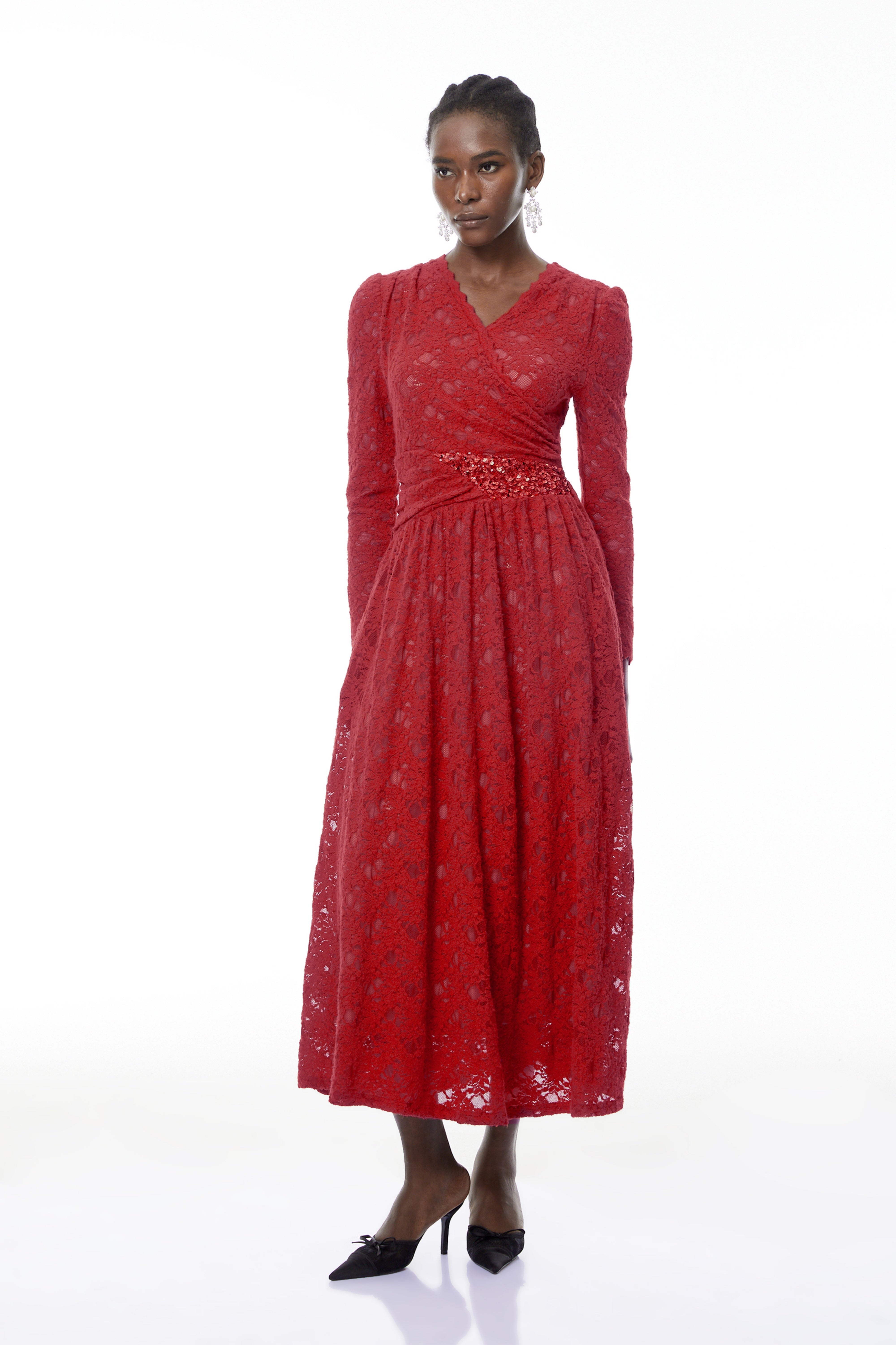 Eirlys Red Floral Lace Midi Dress with Embellishment