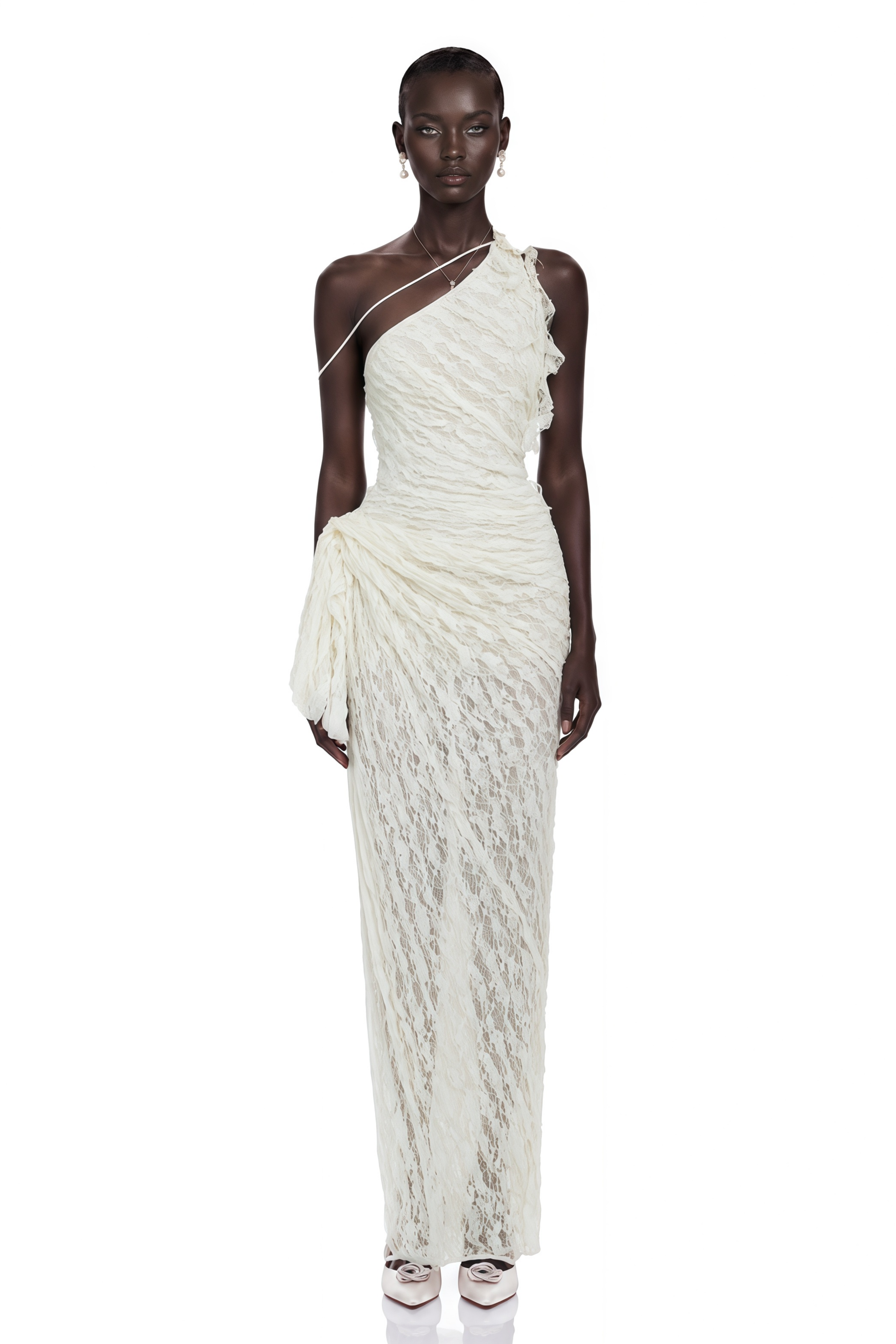 Ekaterina White One Shoulder Floral Lace Maxi Dress