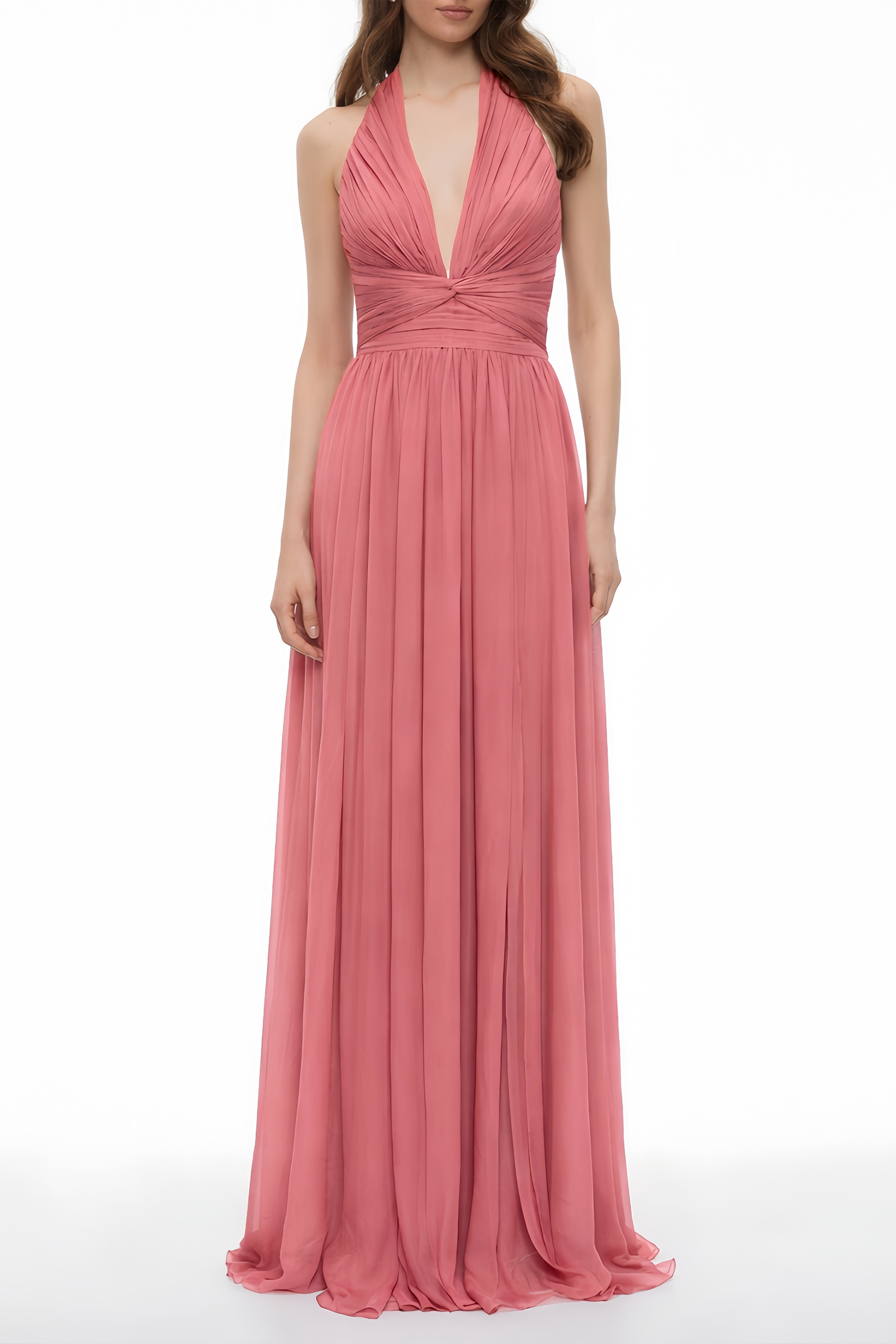 Macioci – Rosa Maxikleid mit Neckholder-Ausschnitt, Rüschen und gekreuztem Ausschnitt