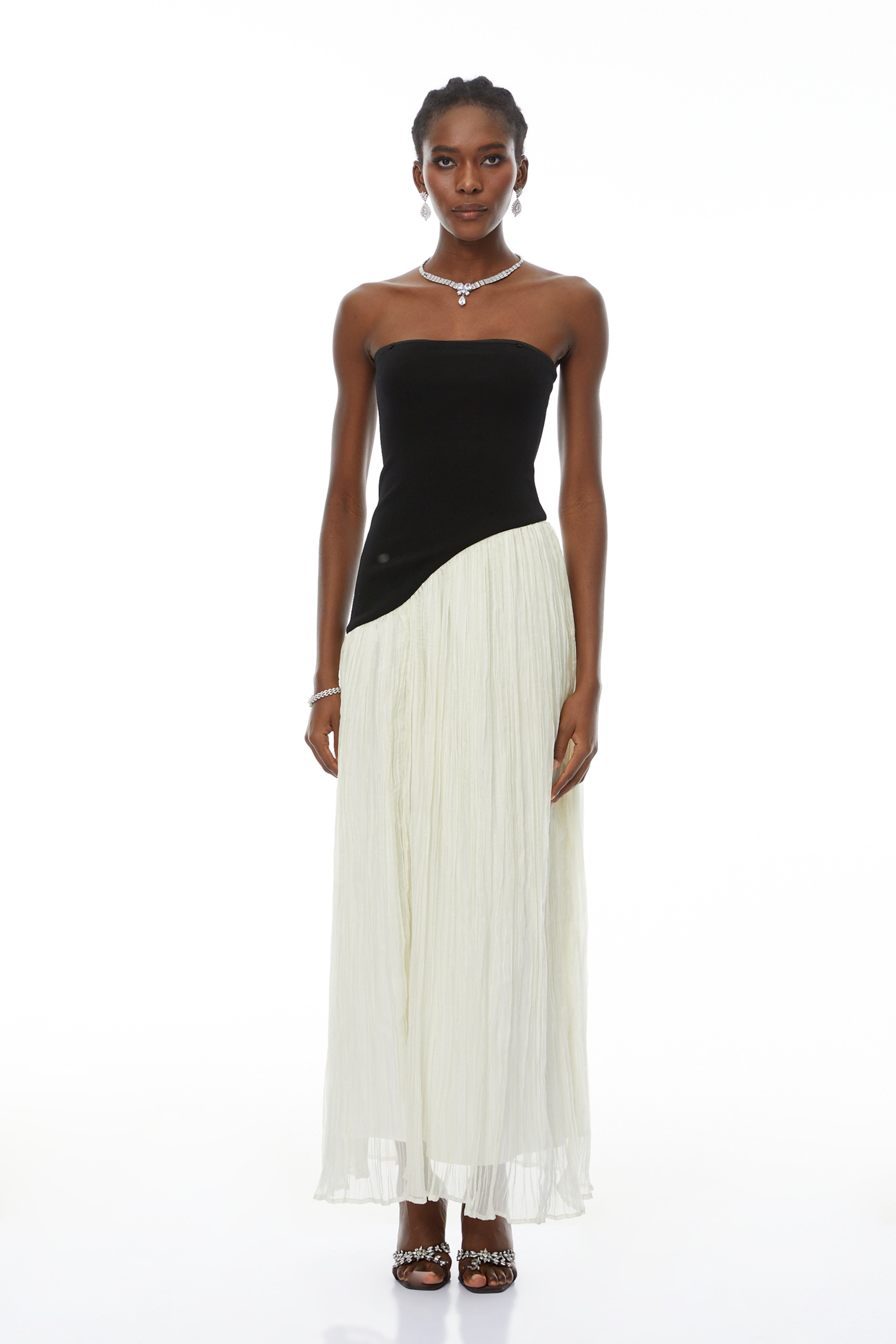 Eléonore Contrast-Color Tulle Panel Maxi Dress