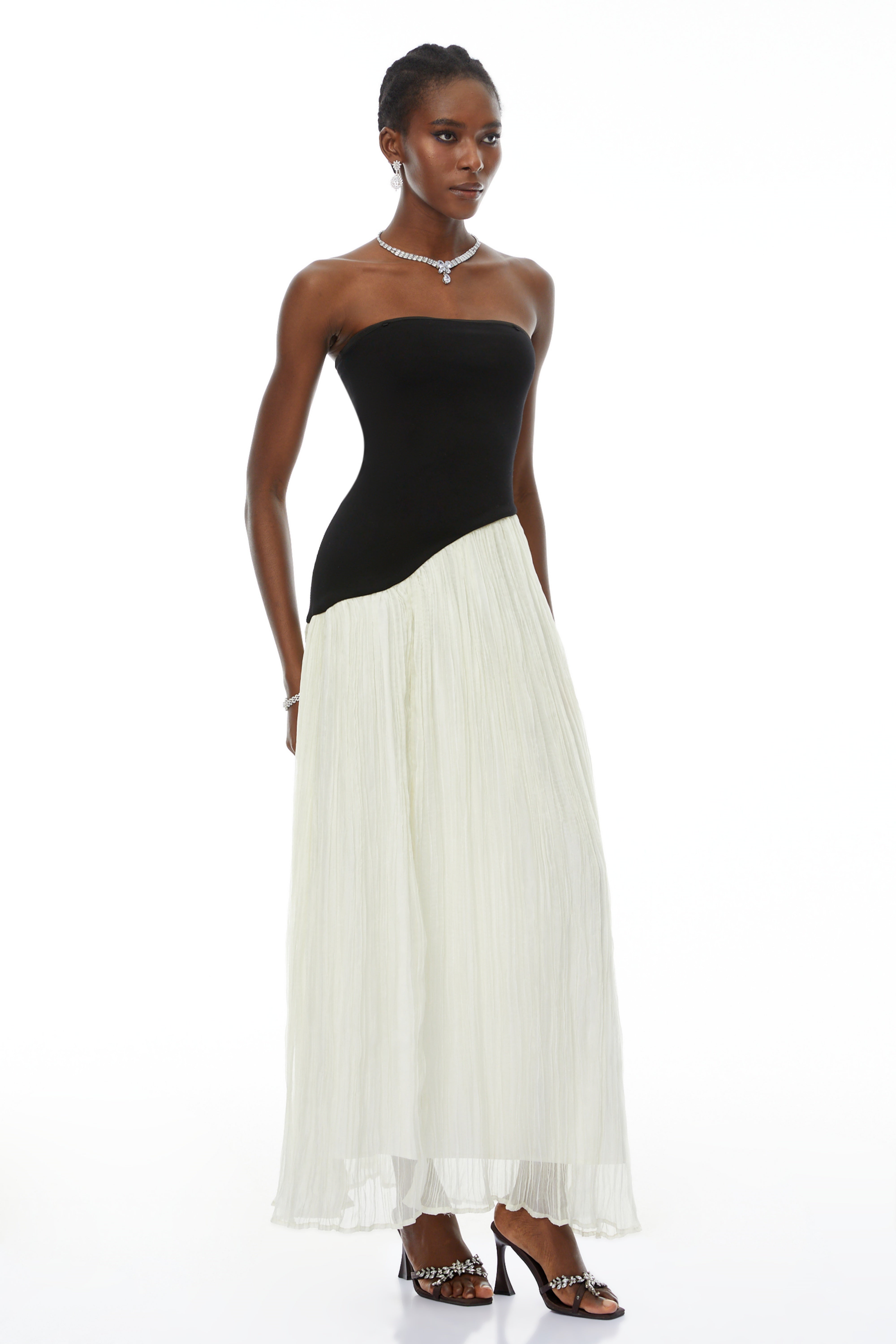 Eléonore Contrast-Color Tulle Panel Maxi Dress