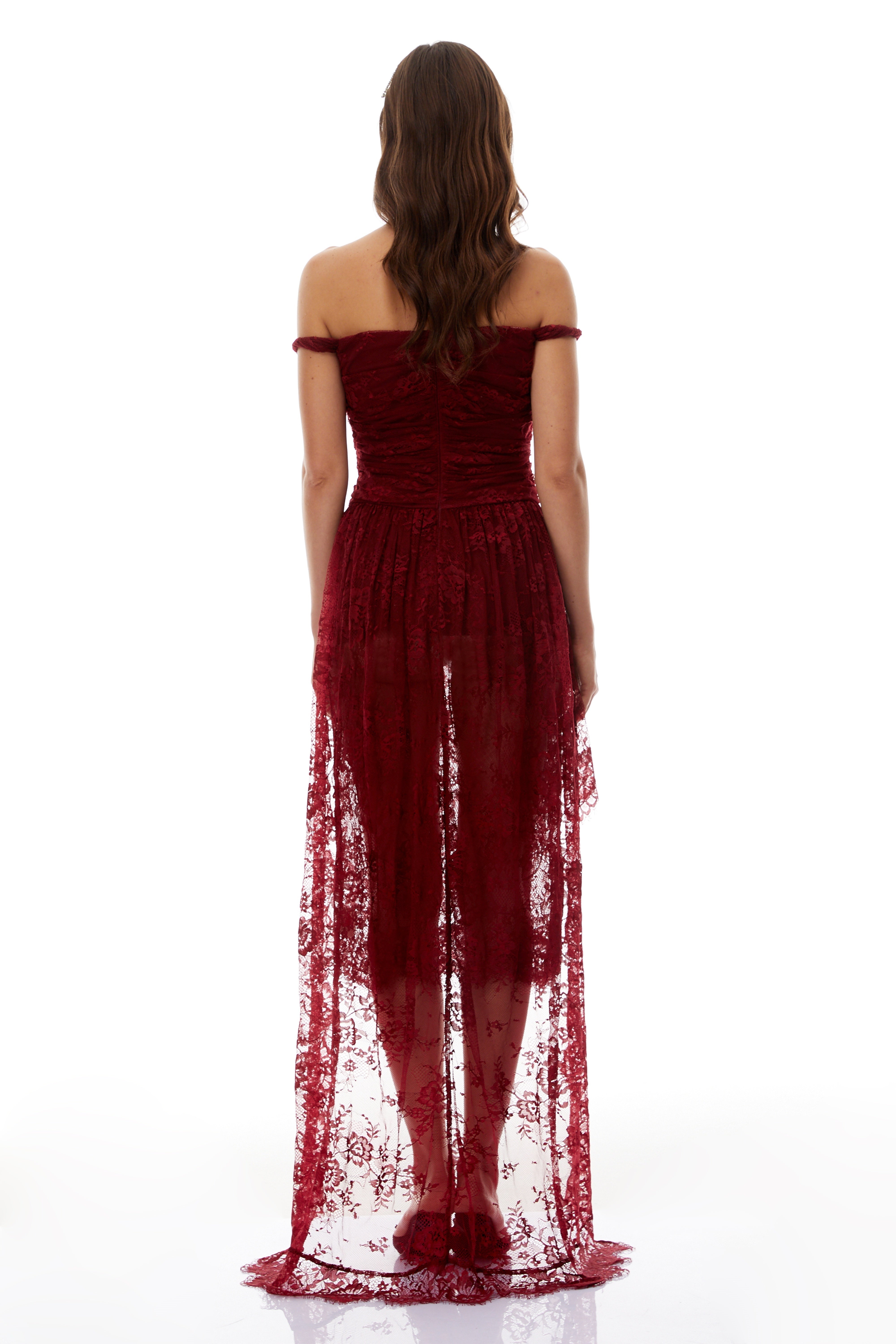 فستان إيلين بورغندي مكشكش من الدانتيل الزهري