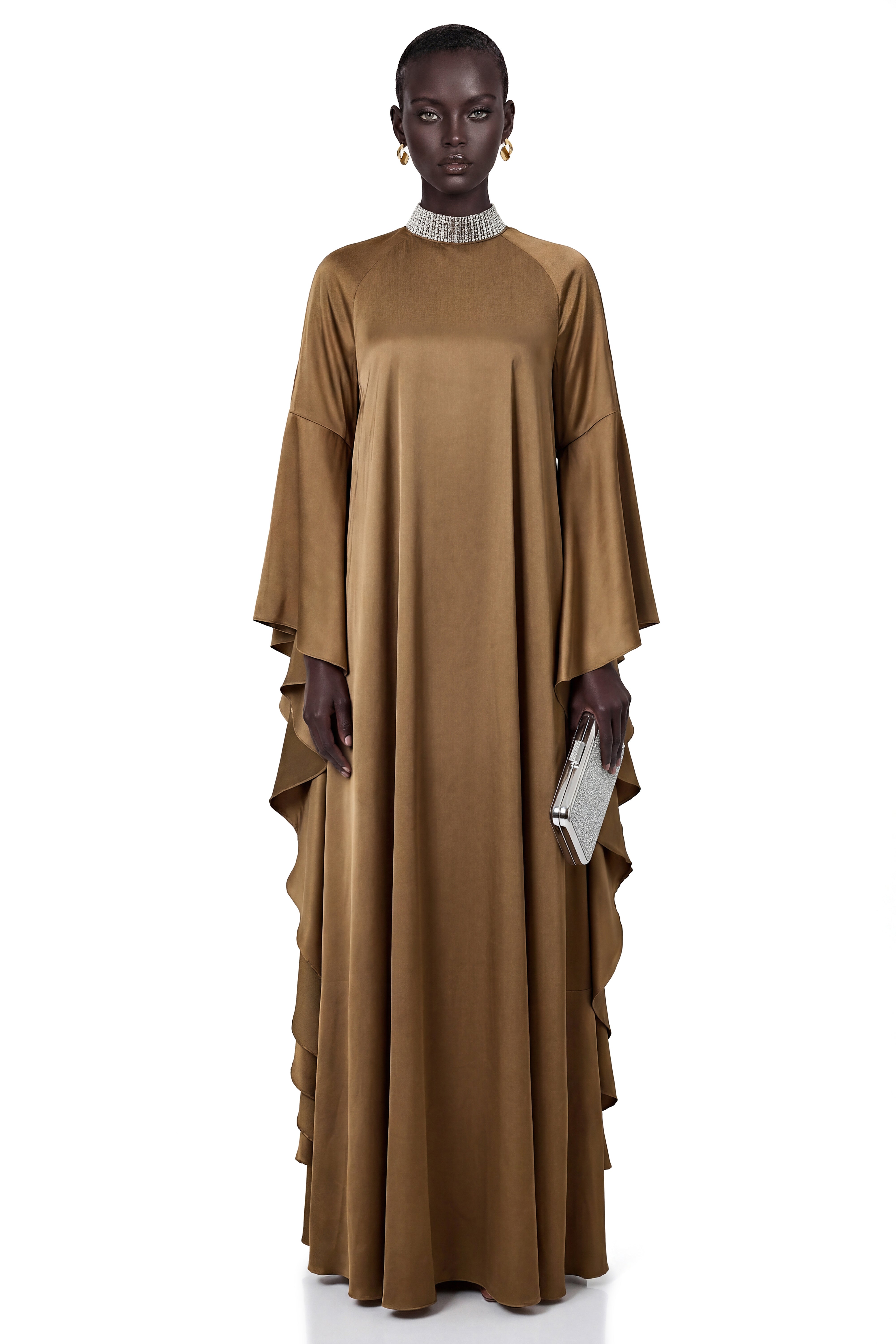 Elisabetta Brownish Green Turtleneck Maxi Dress with Flutter Sleeves