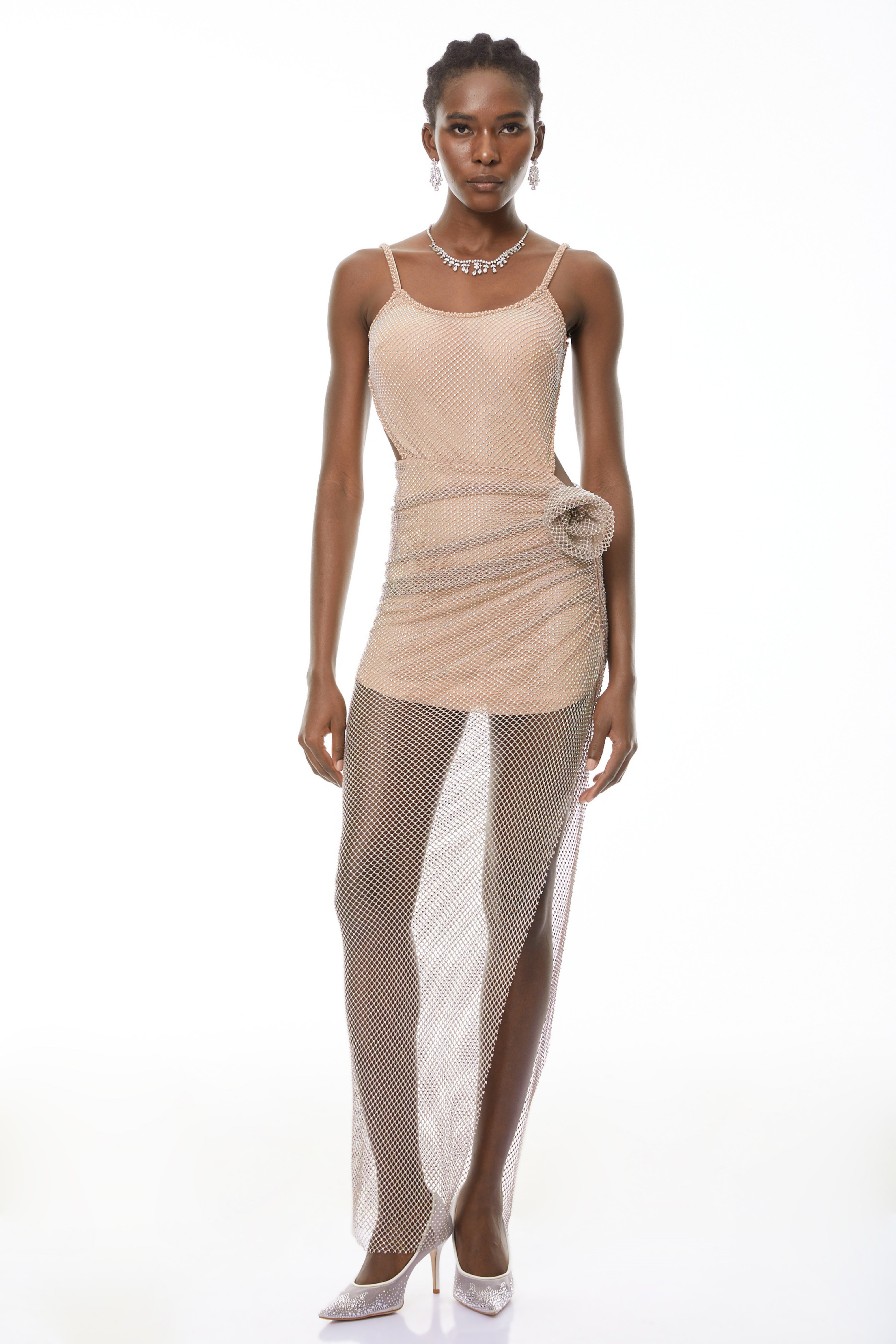 Eliza Champagne Rhinestone Ruched Maxi Dress