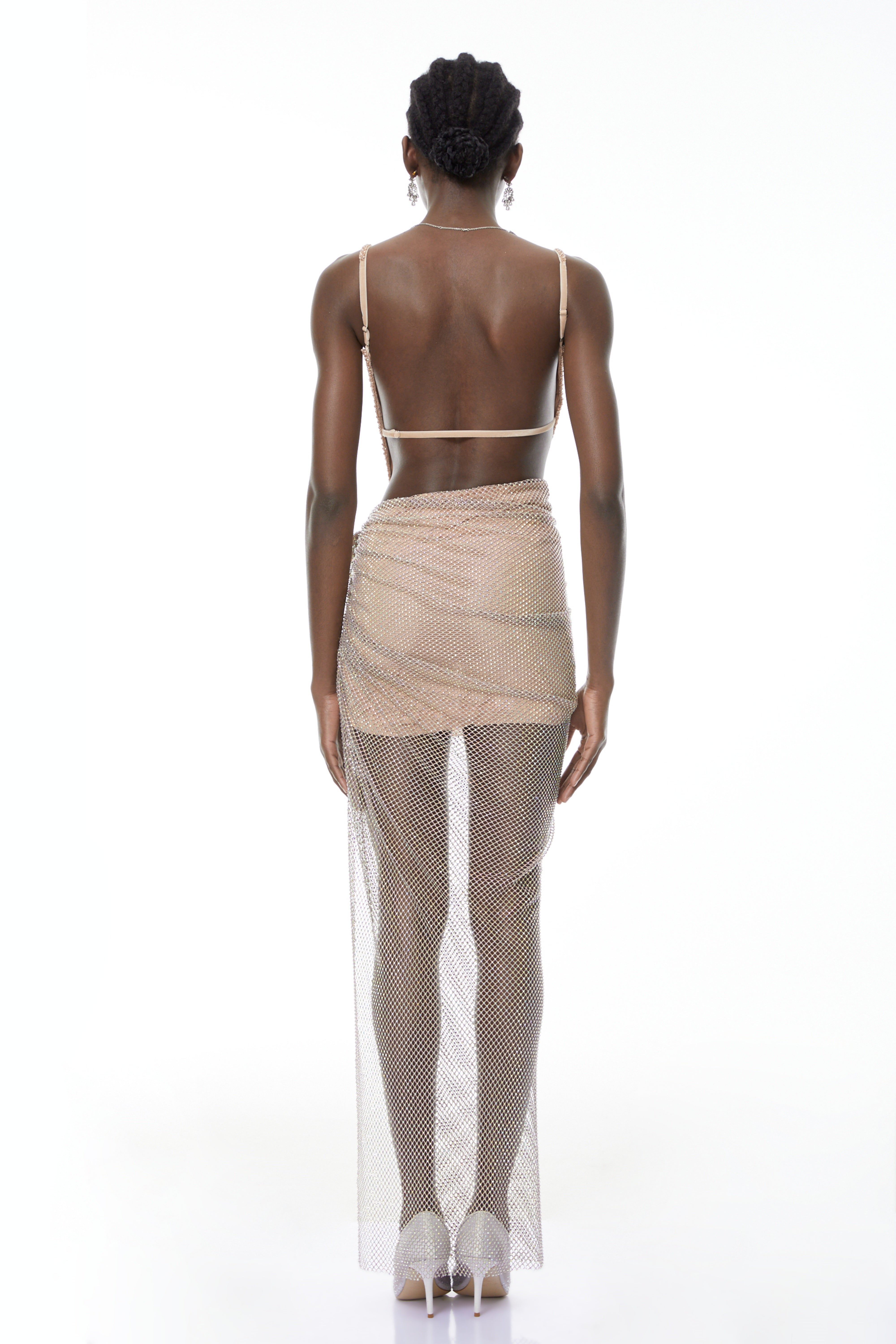 Eliza Champagne Rhinestone Ruched Maxi Dress