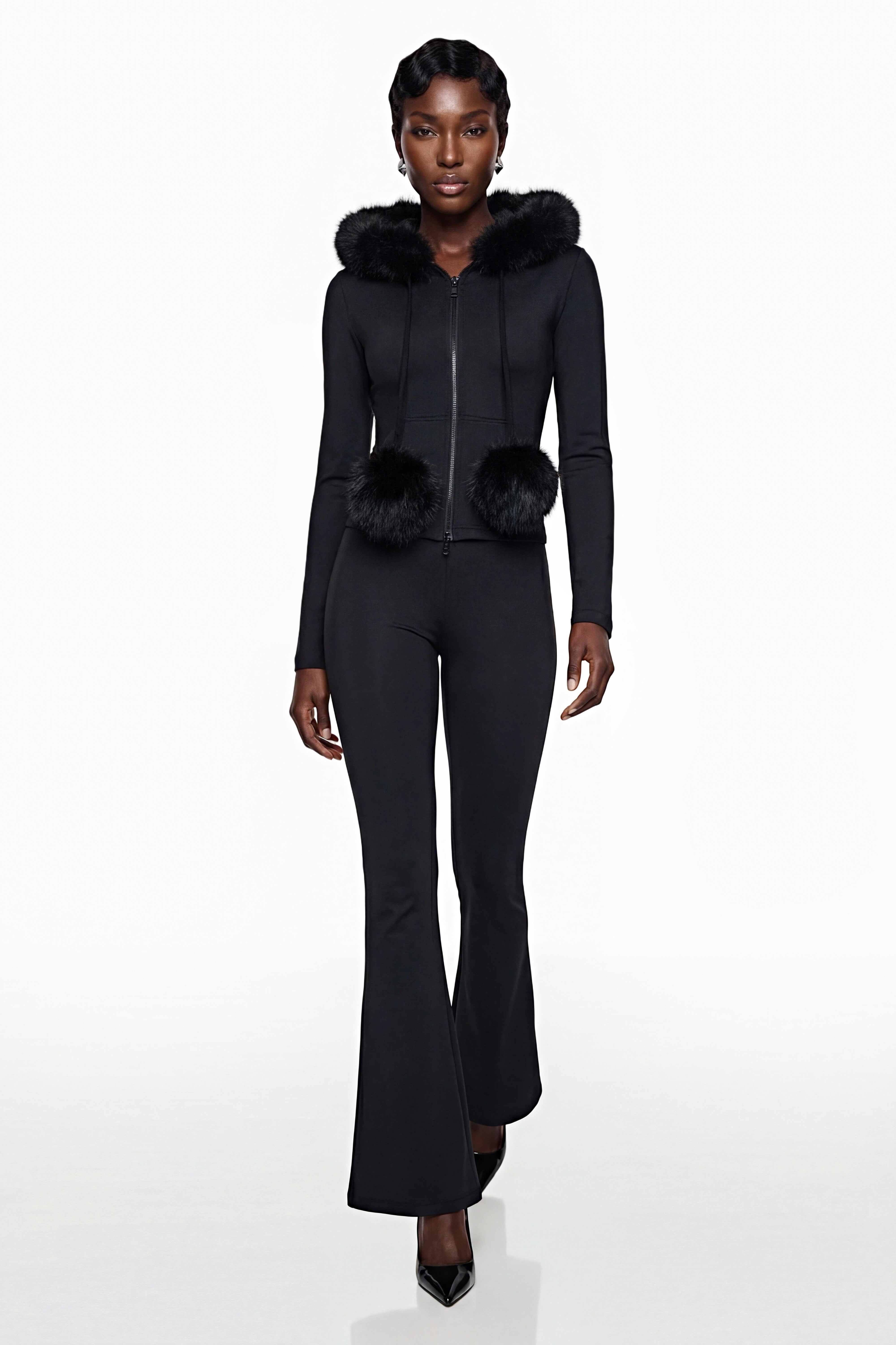 Elize Black Hoodie Jacket & Flared Trouser Set