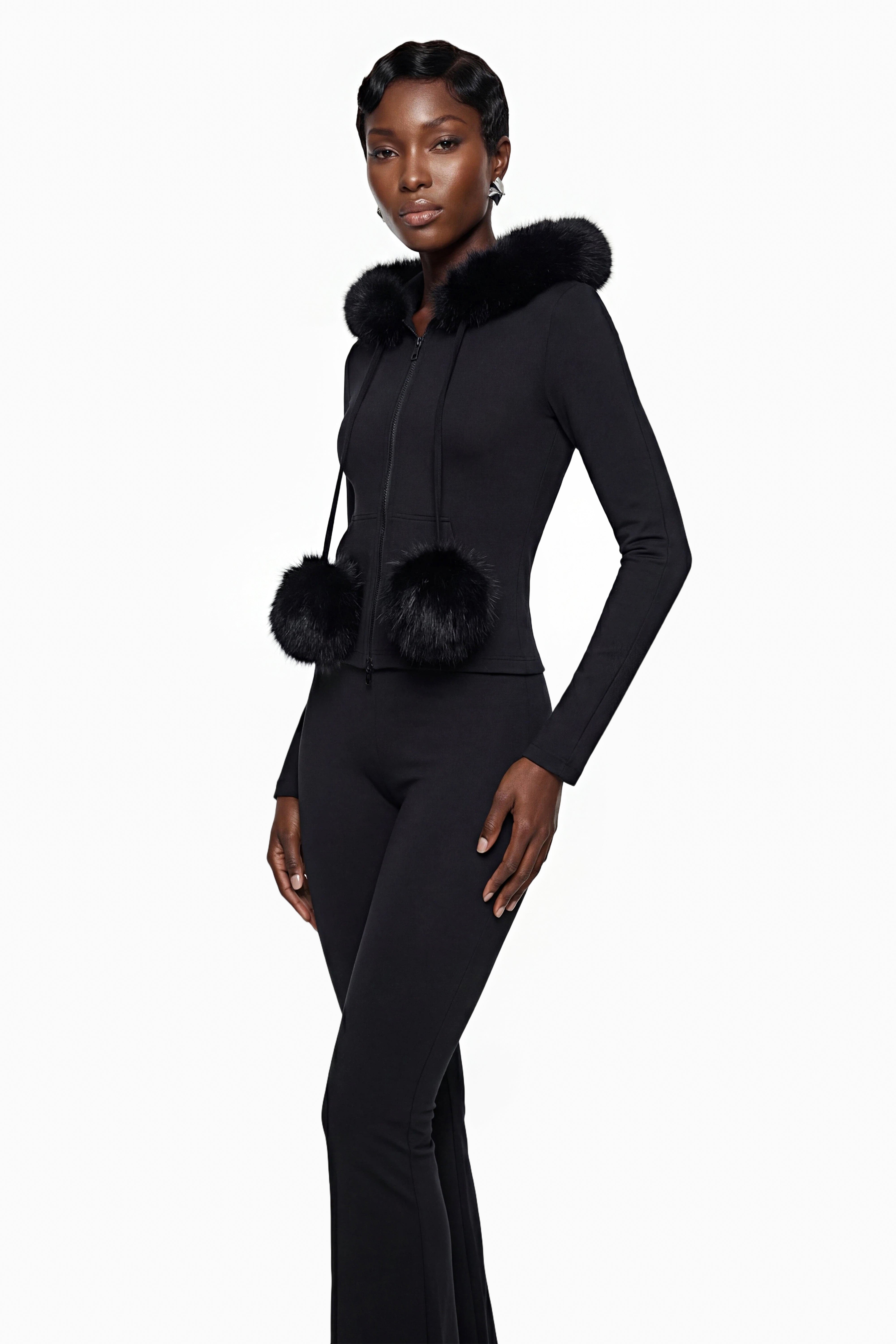 Elize Black Hoodie Jacket & Flared Trouser Set