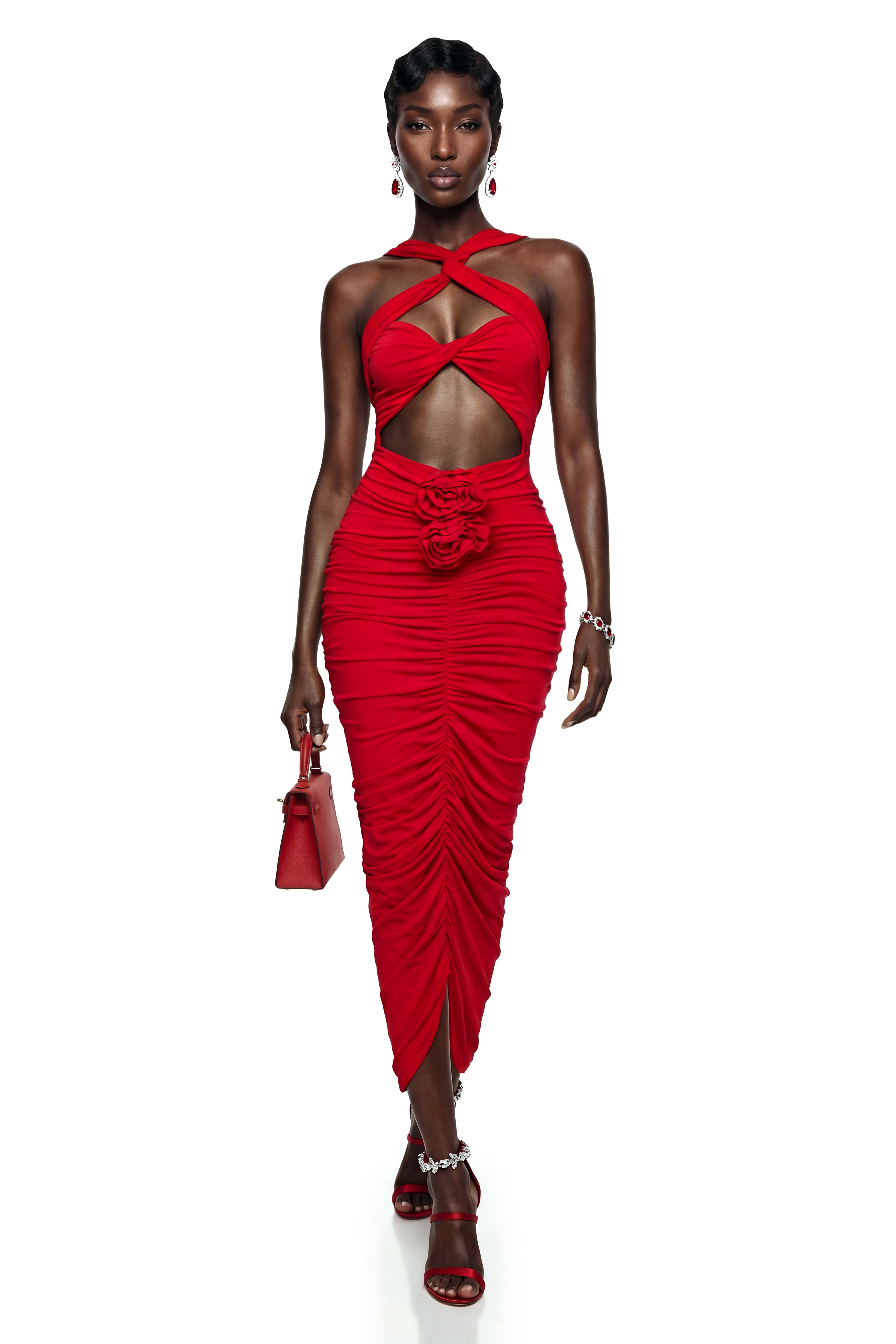 Elize – rotes Maxikleid mit gekreuzten Trägern und 3D-Blütenblättern