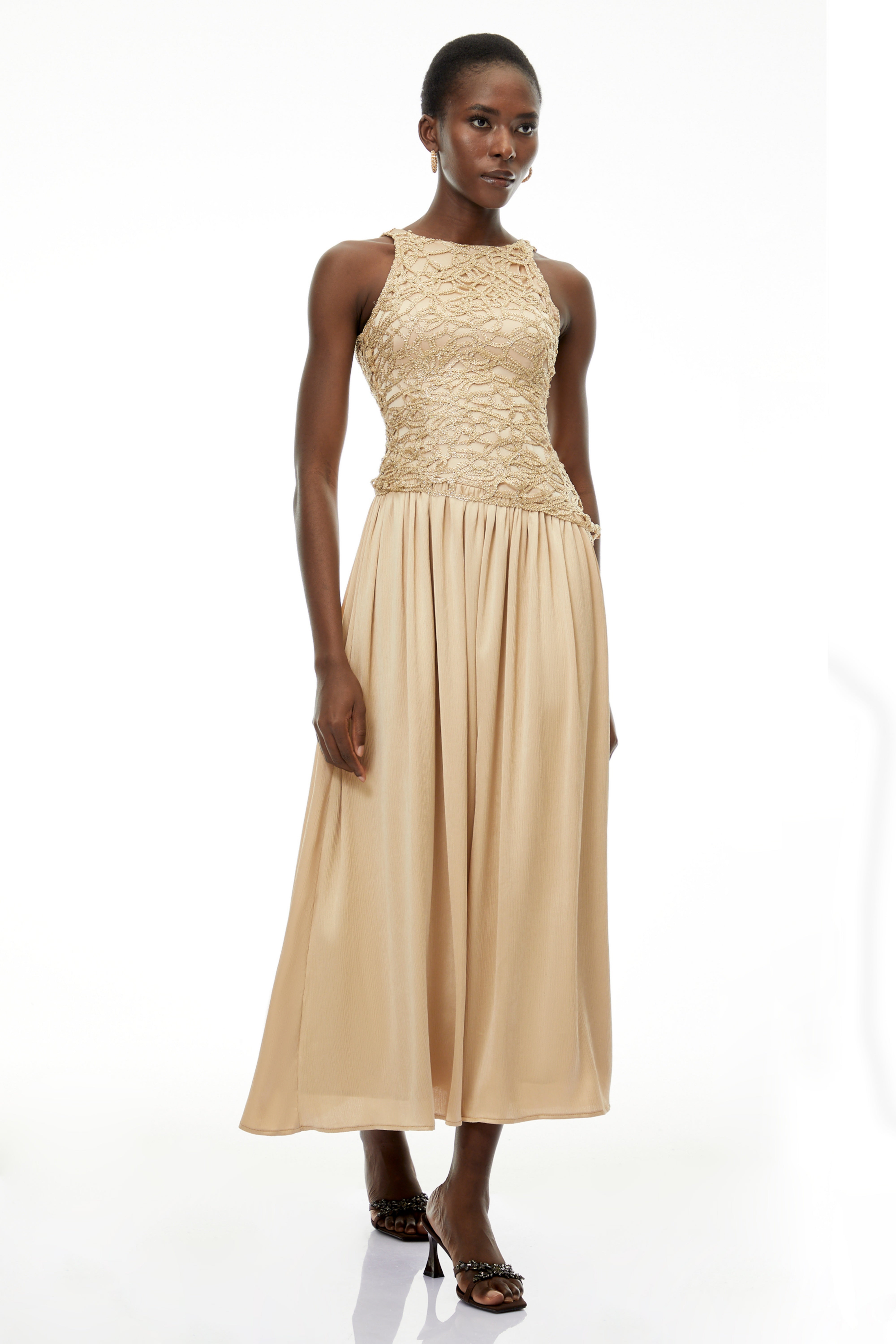 Ellie Champagne Round Neck Sleeveless Maxi Dress