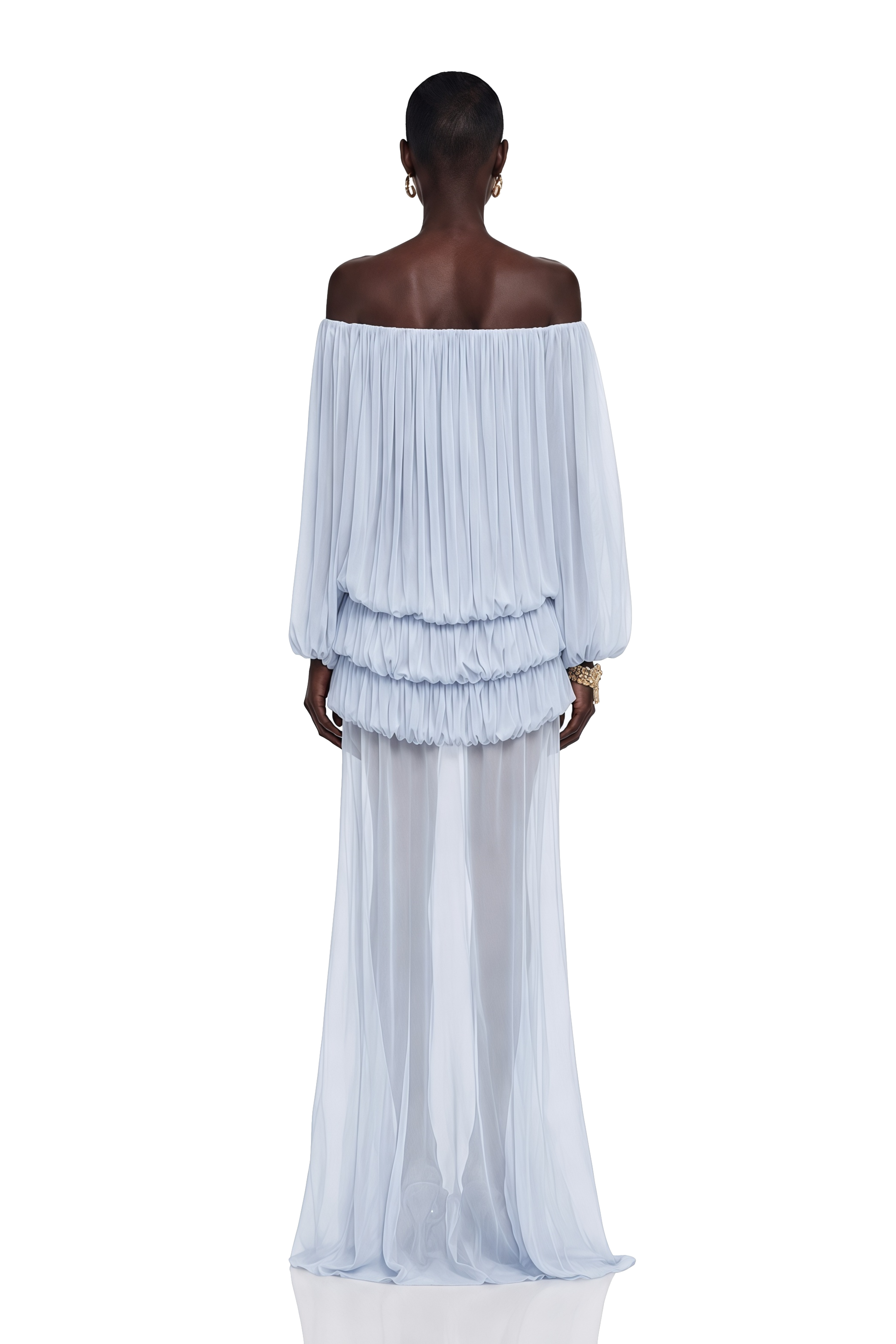 Elodie Blue Off Shoulder Pleated Chiffon Top & Skirt Set