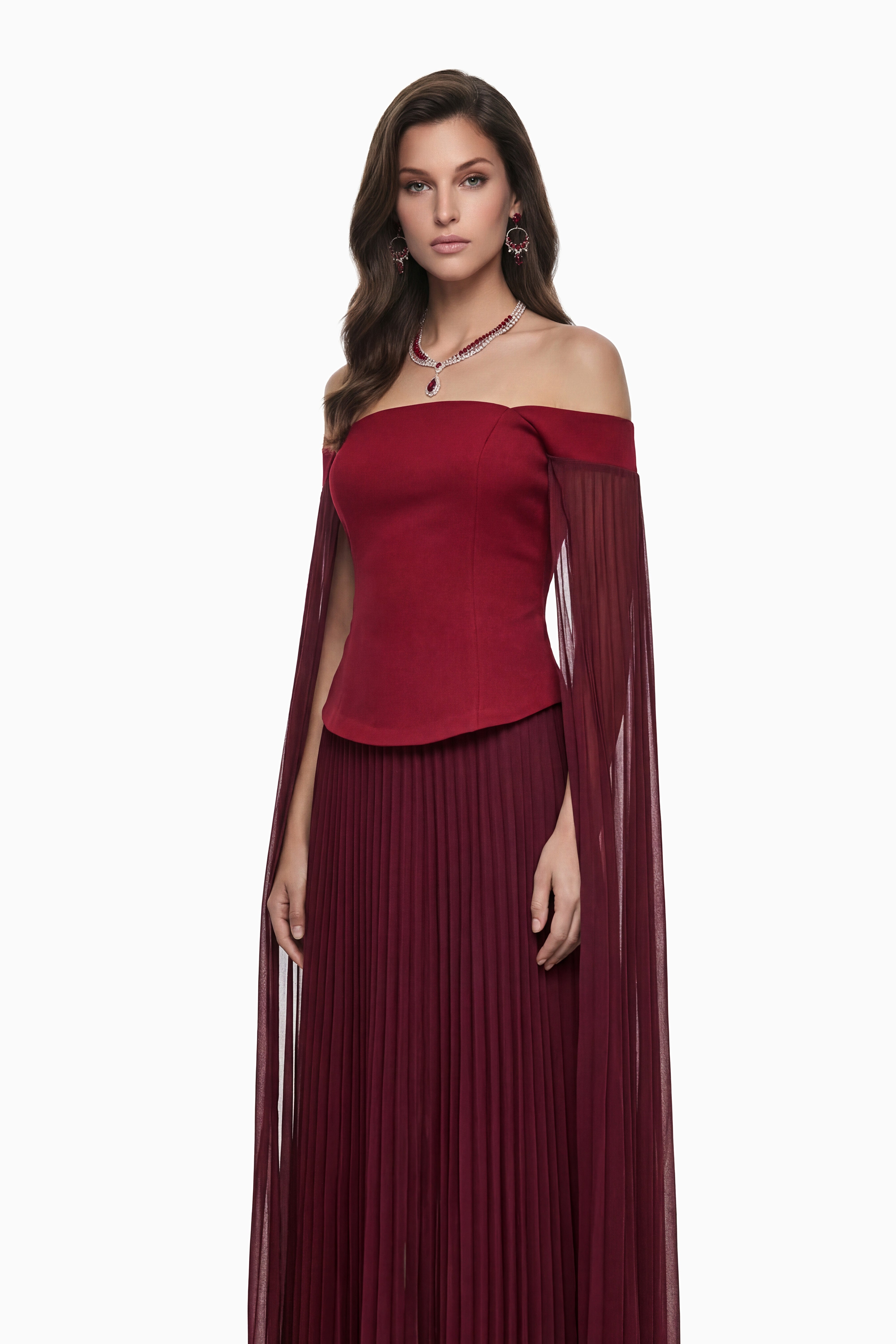 Elowenna – Set aus rotem schulterfreiem Oberteil und Faltenrock
