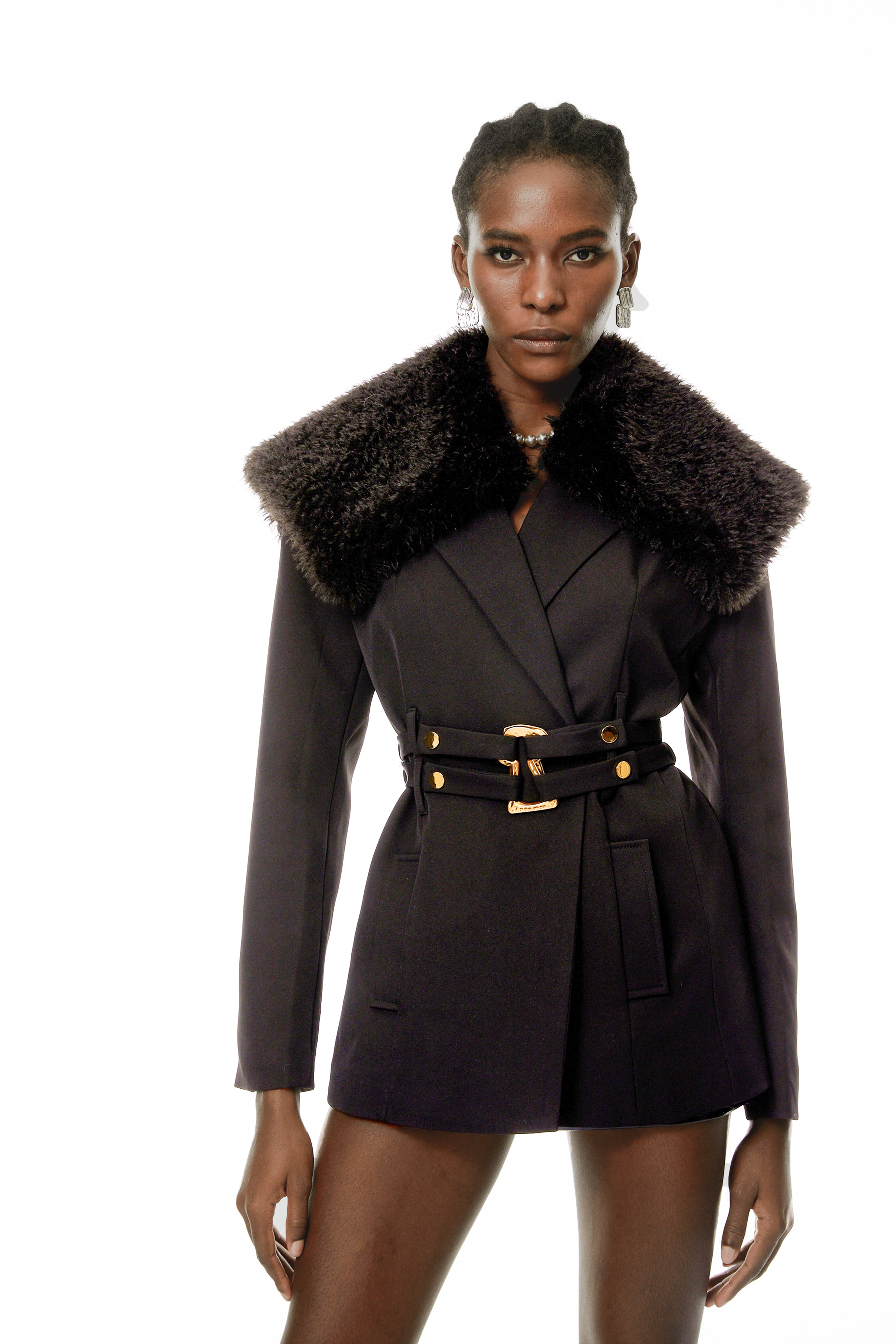Elsa Black Fur Lapel Blazer With Belt