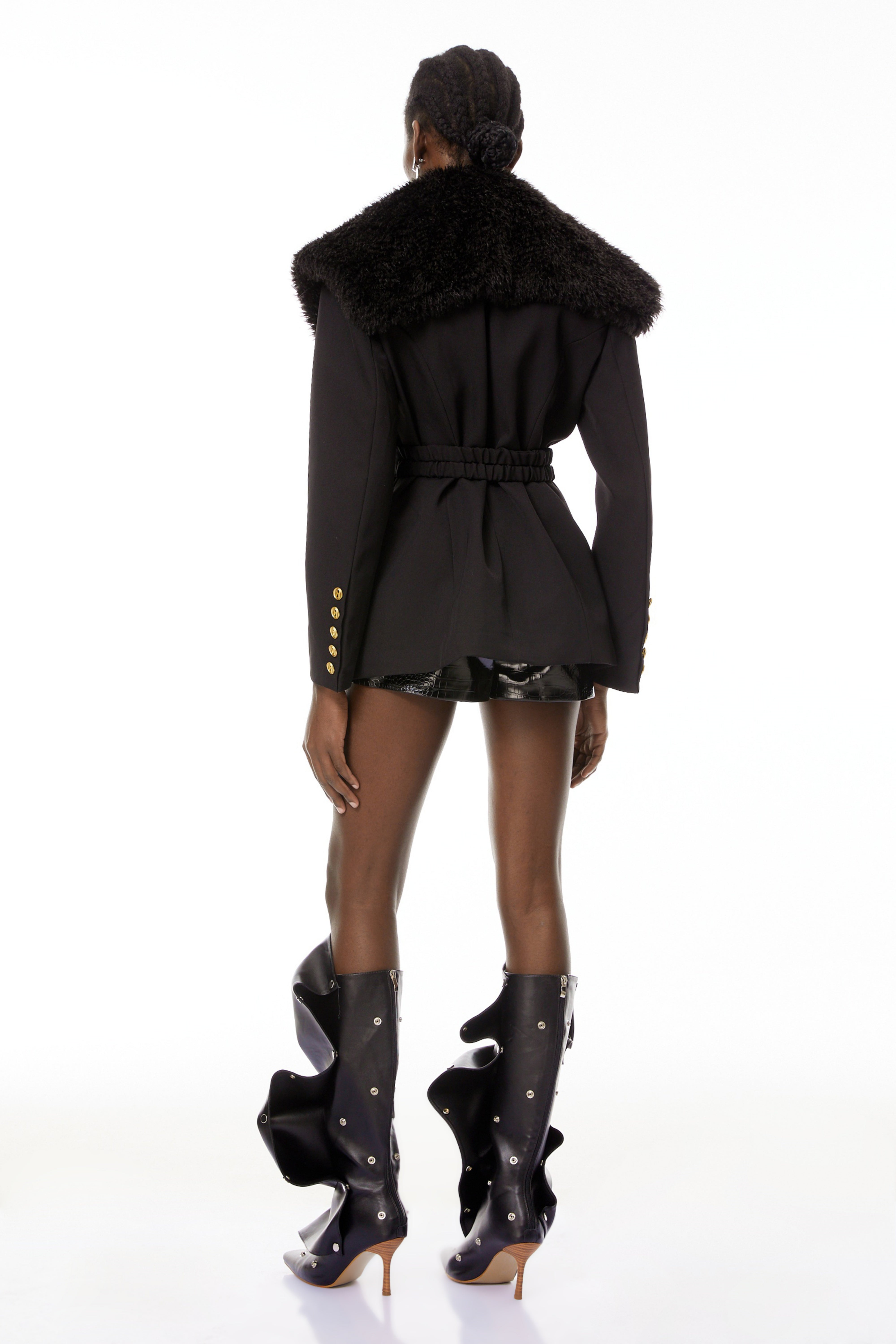 Elsa Black Fur Lapel Blazer With Belt