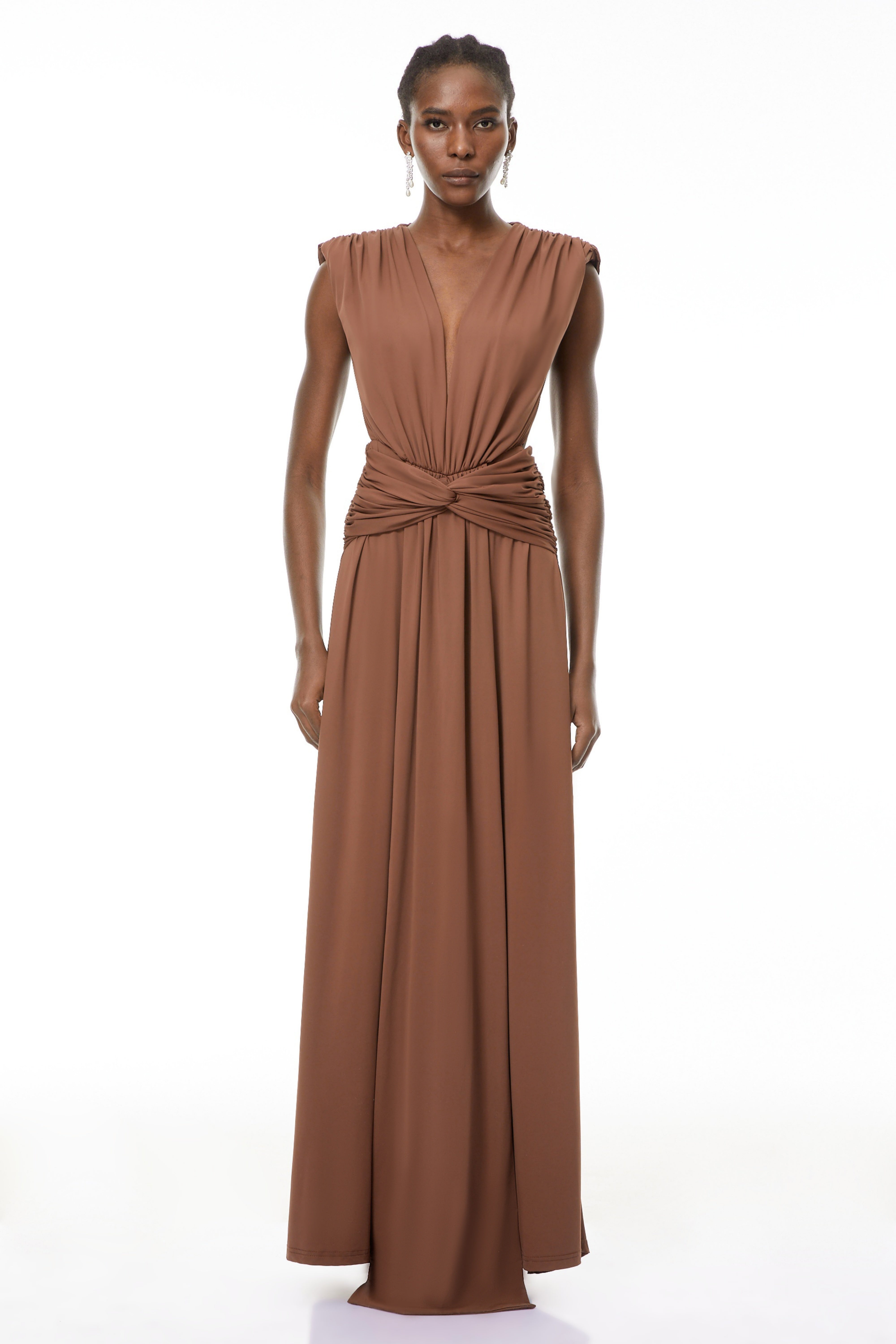 Else Brown Deep V-Neck Twisted Maxi Dress