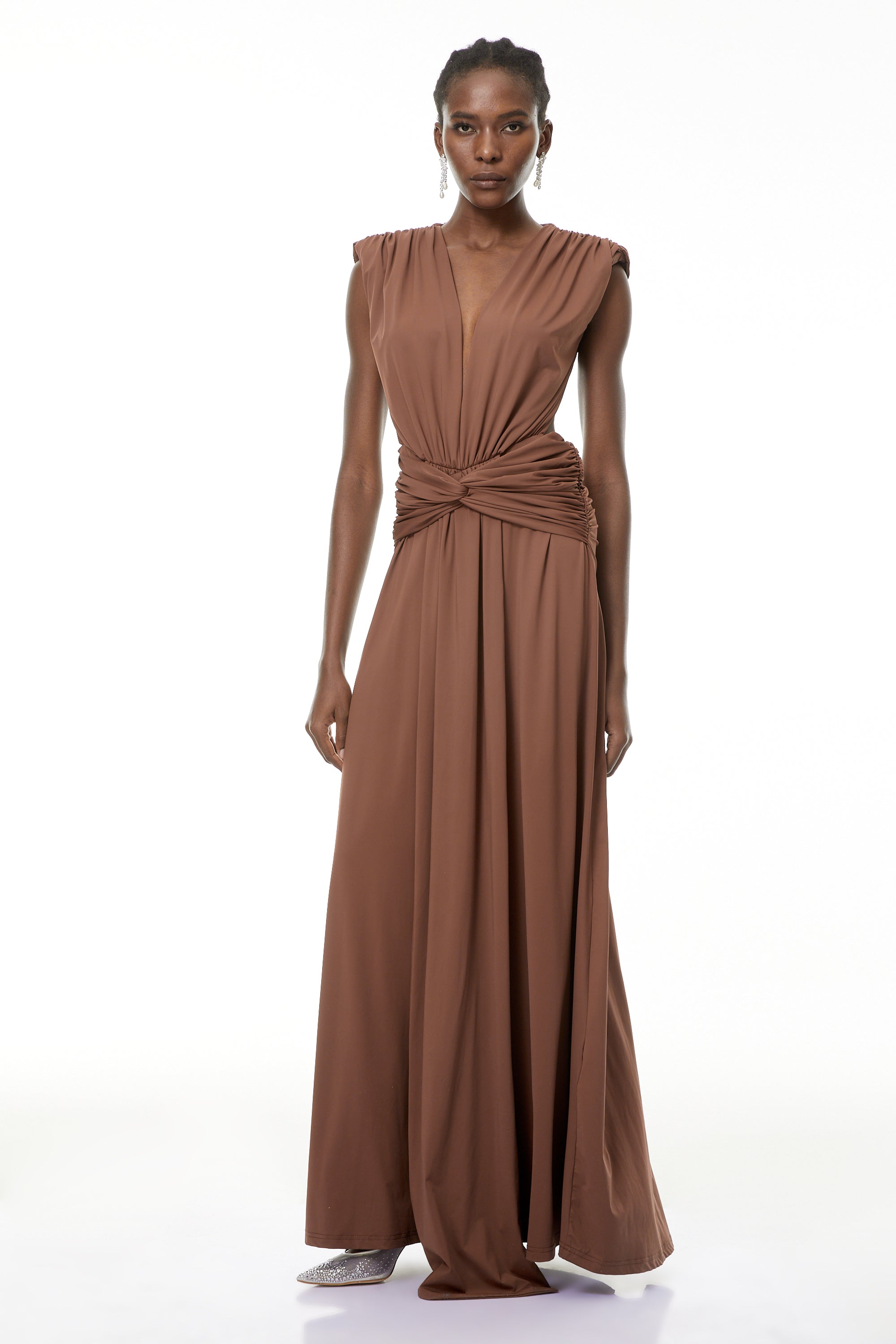 Else Brown Deep V-Neck Twisted Maxi Dress