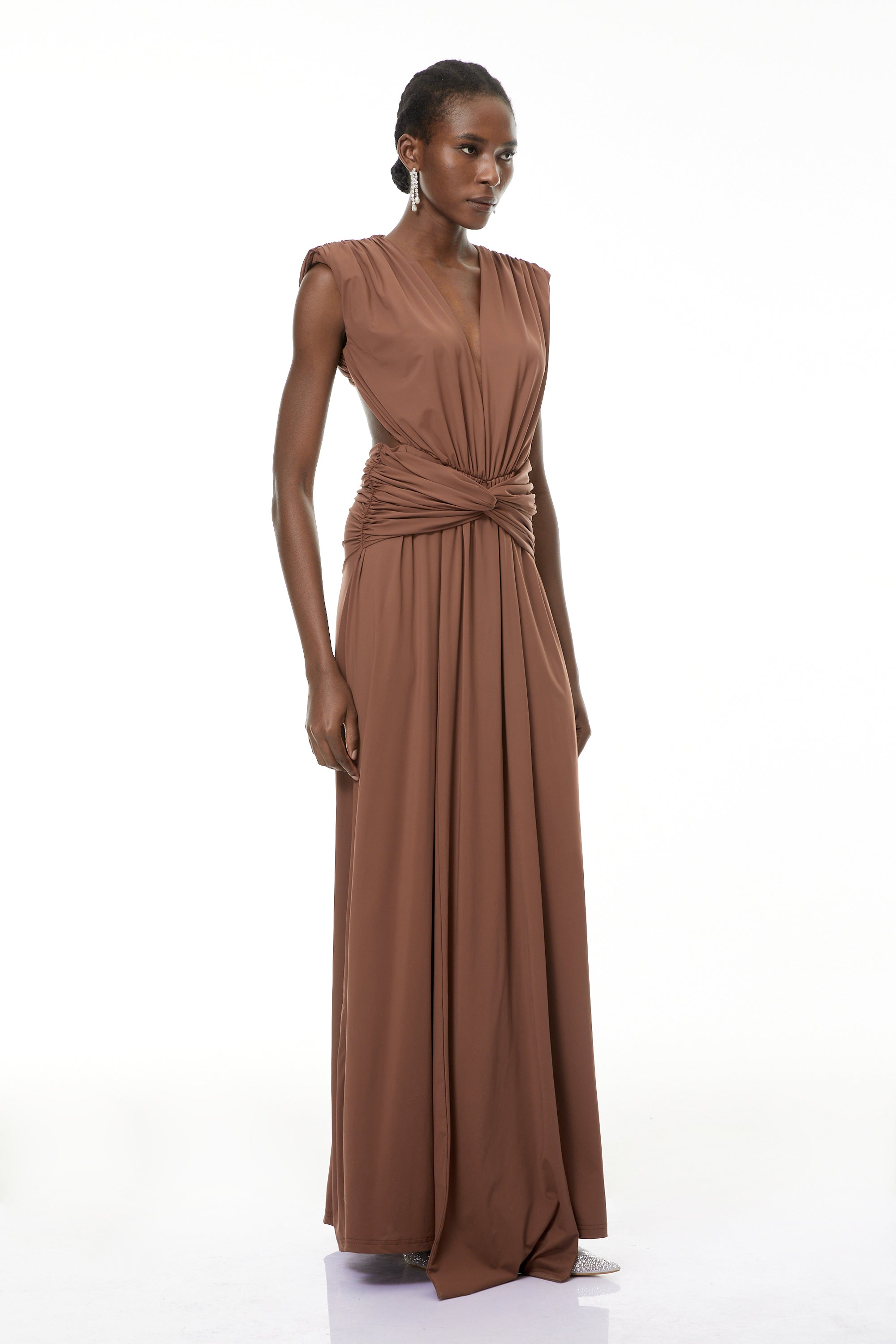 Else Brown Deep V-Neck Twisted Maxi Dress