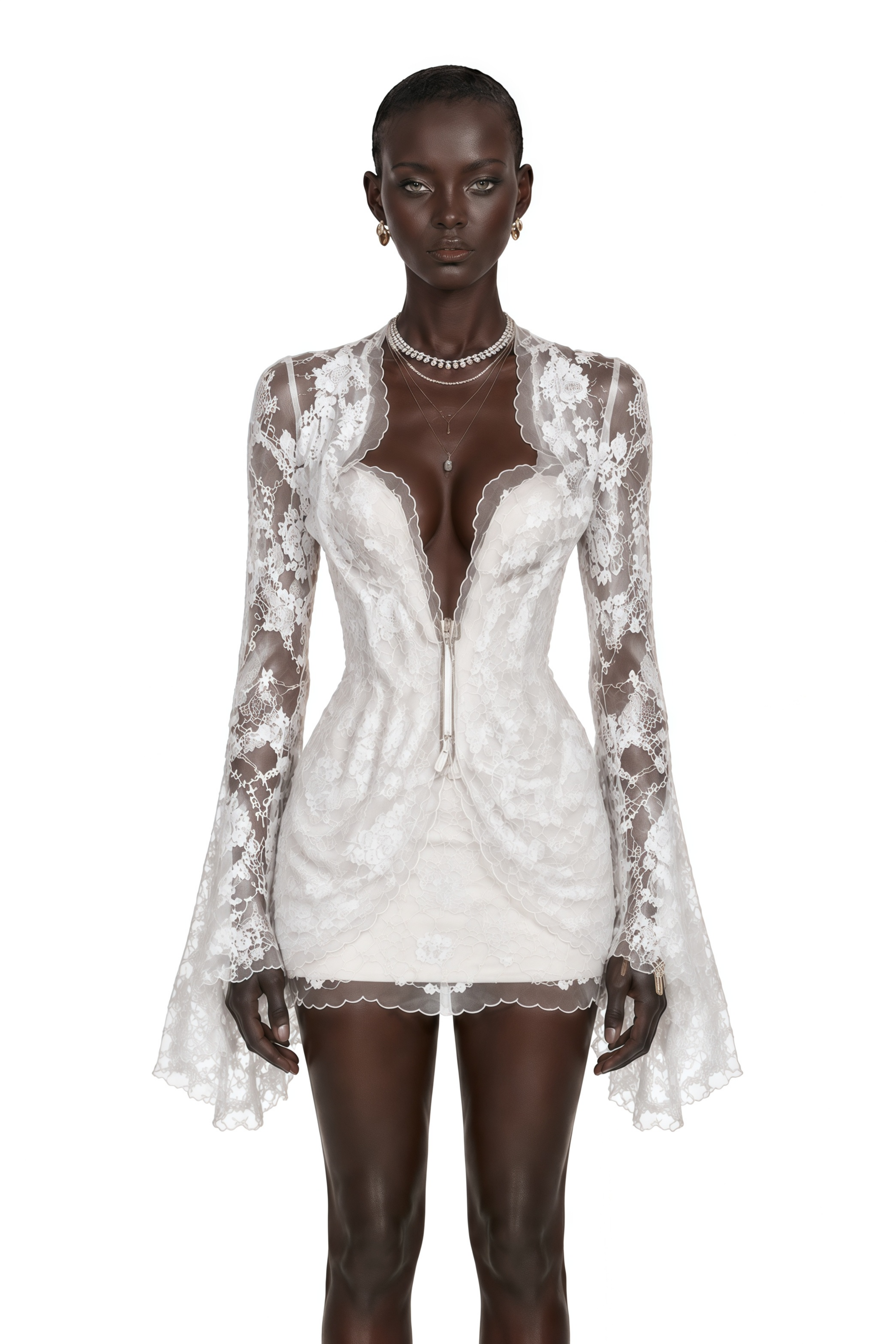 Emanuela White Plunge Neck Top & Skirt Set with Bell Sleeves