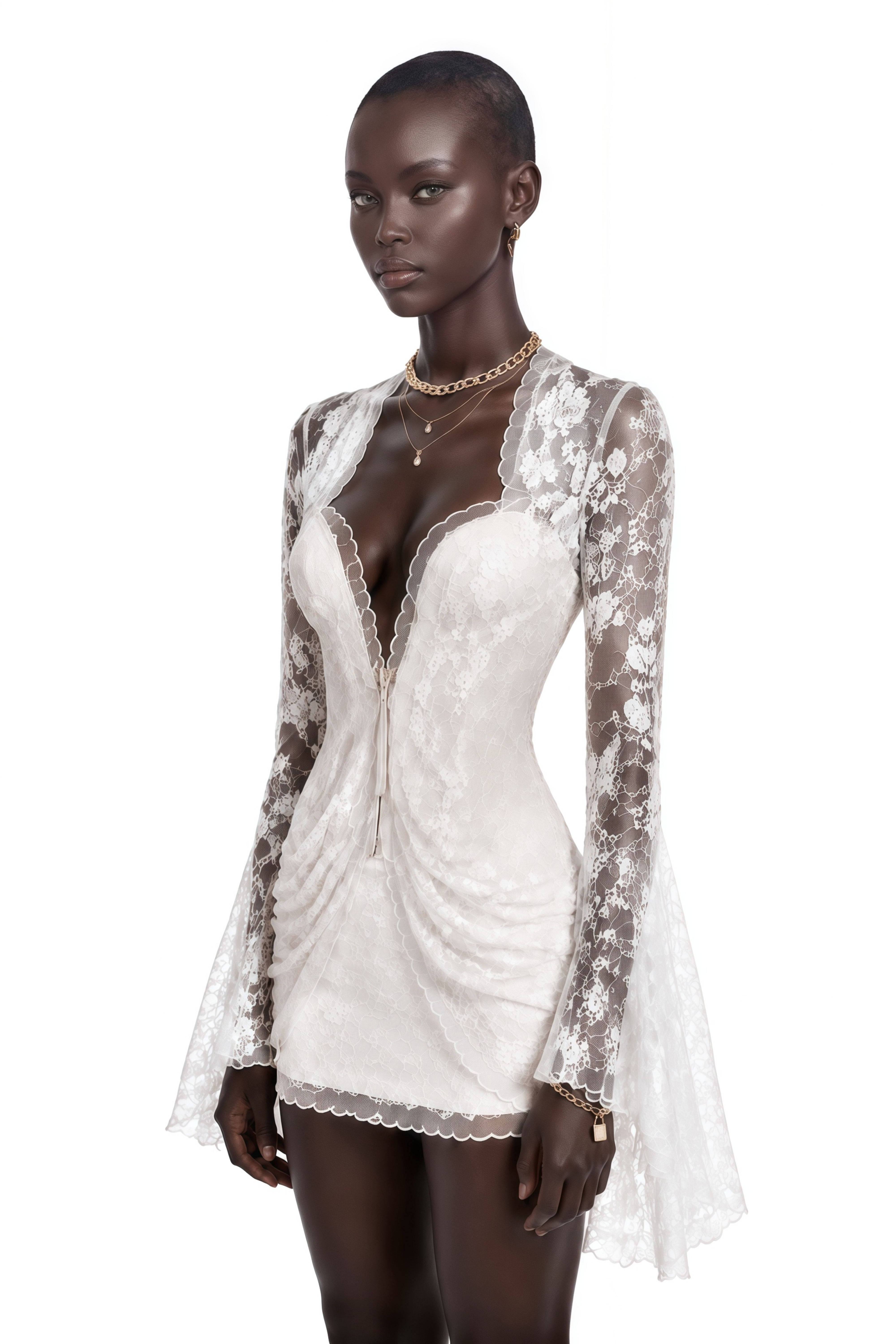 Emanuela White Plunge Neck Top & Skirt Set with Bell Sleeves