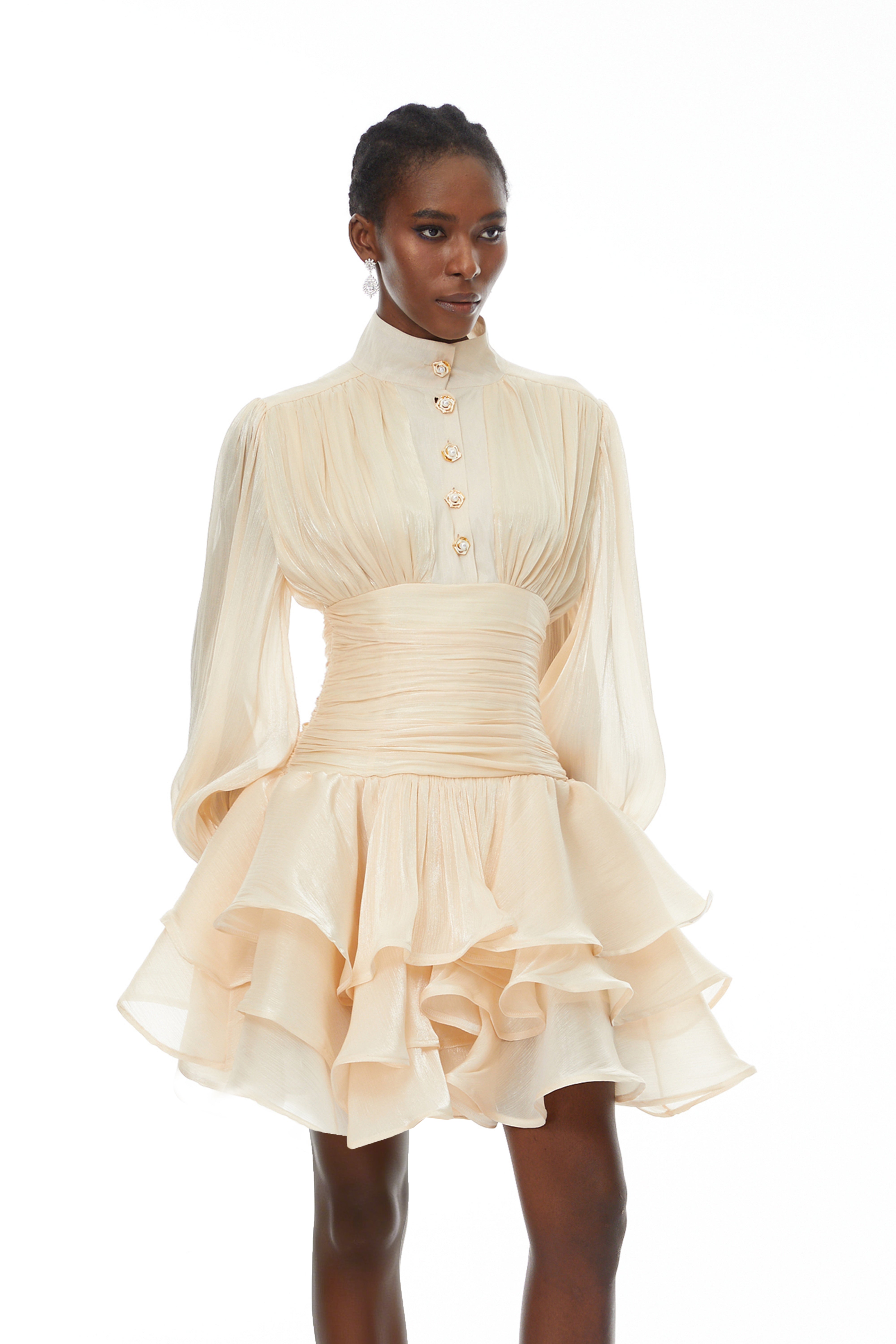 Champagne ruffled tiered mini dress