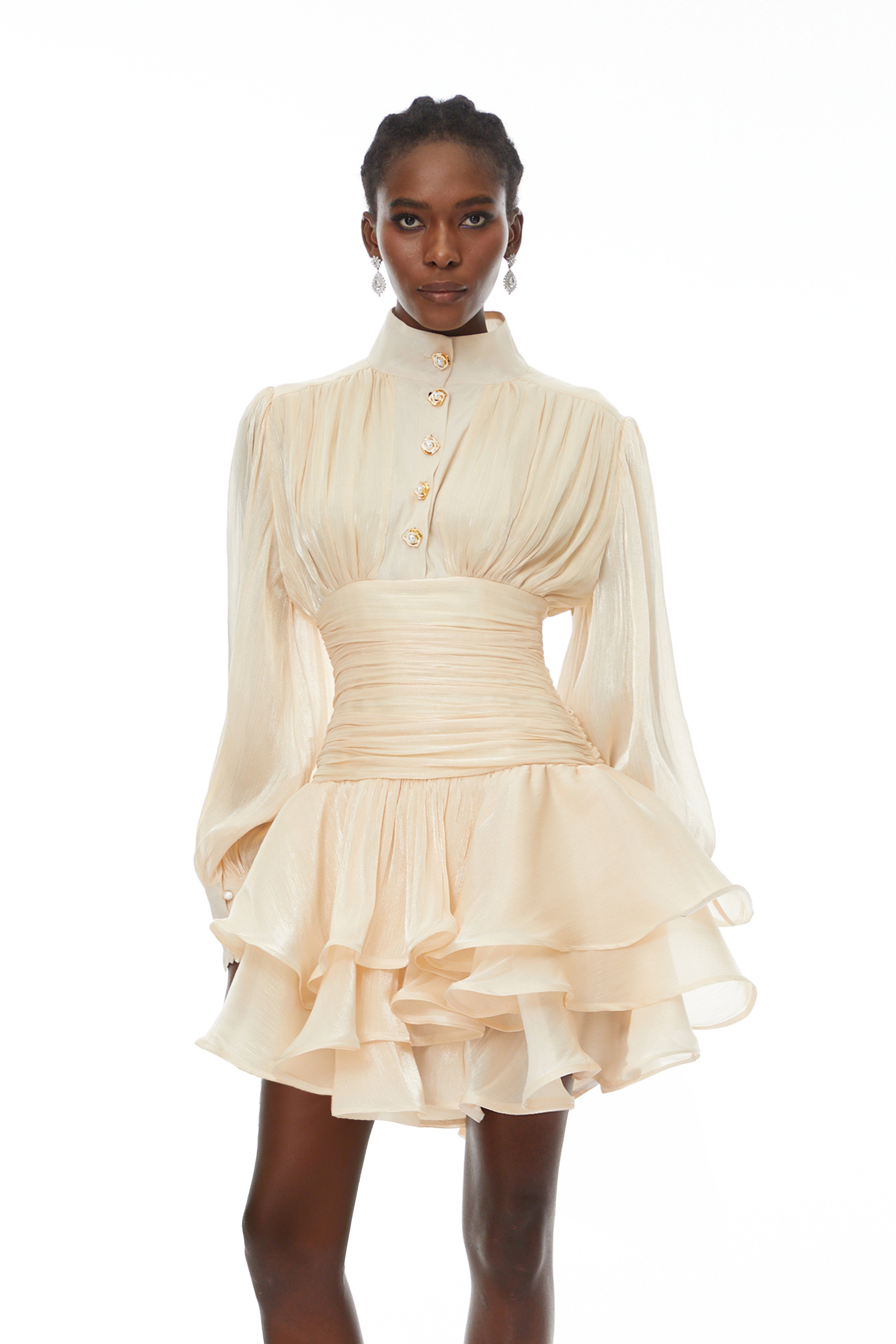 Champagne ruffled tiered mini dress