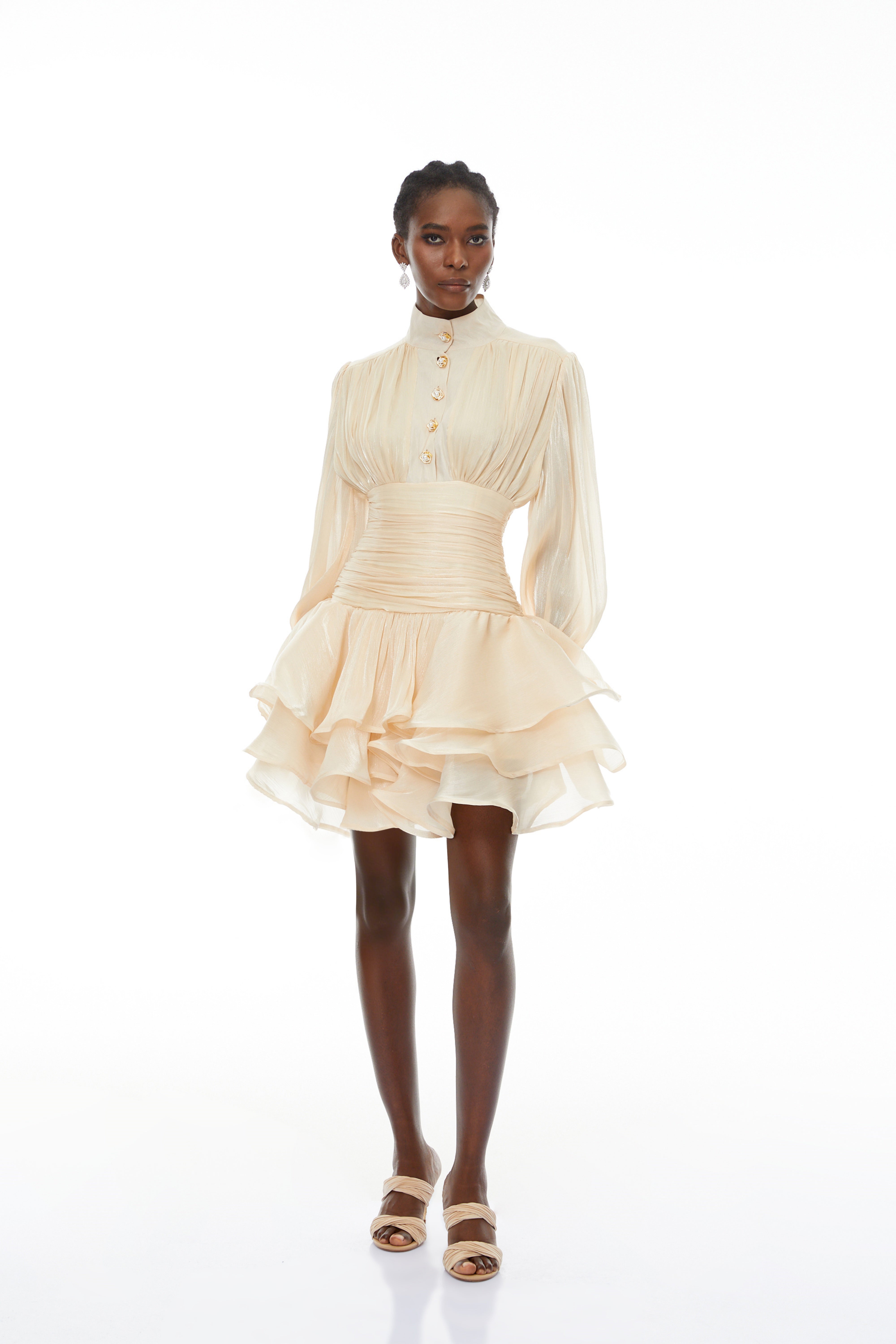 Champagne ruffled tiered mini dress