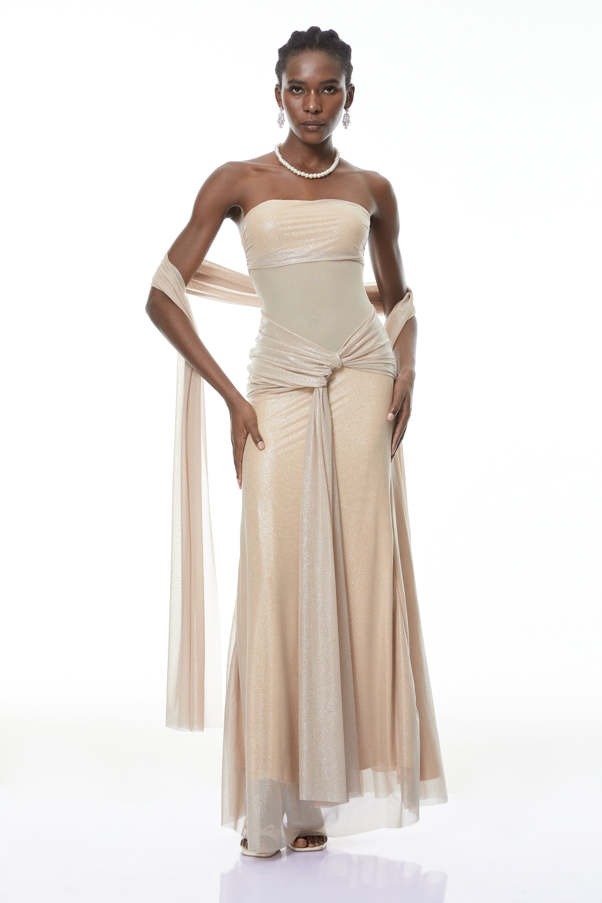 Robe longue Emilia kaki pailletée avec nœud sur le devant (Vente définitive)