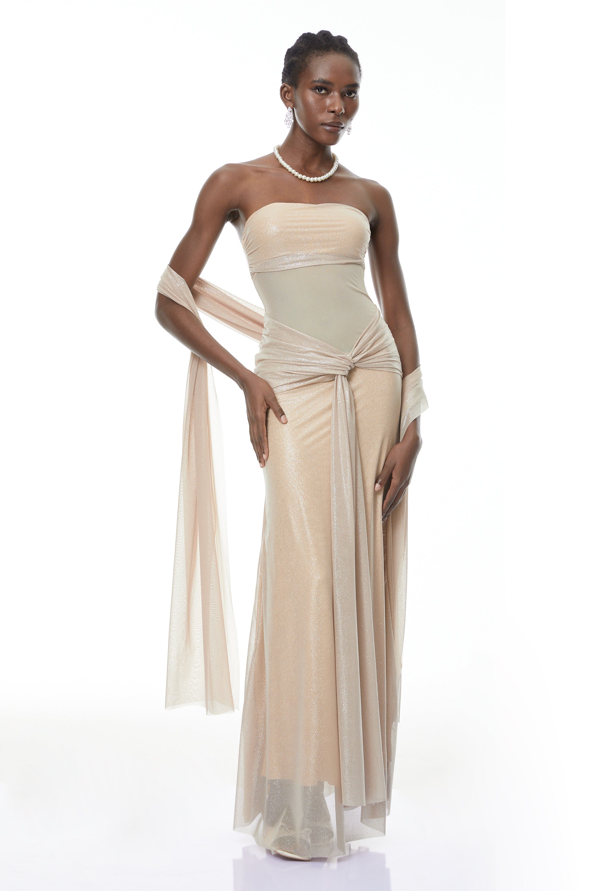 Robe longue Emilia kaki pailletée avec nœud sur le devant (Vente définitive)