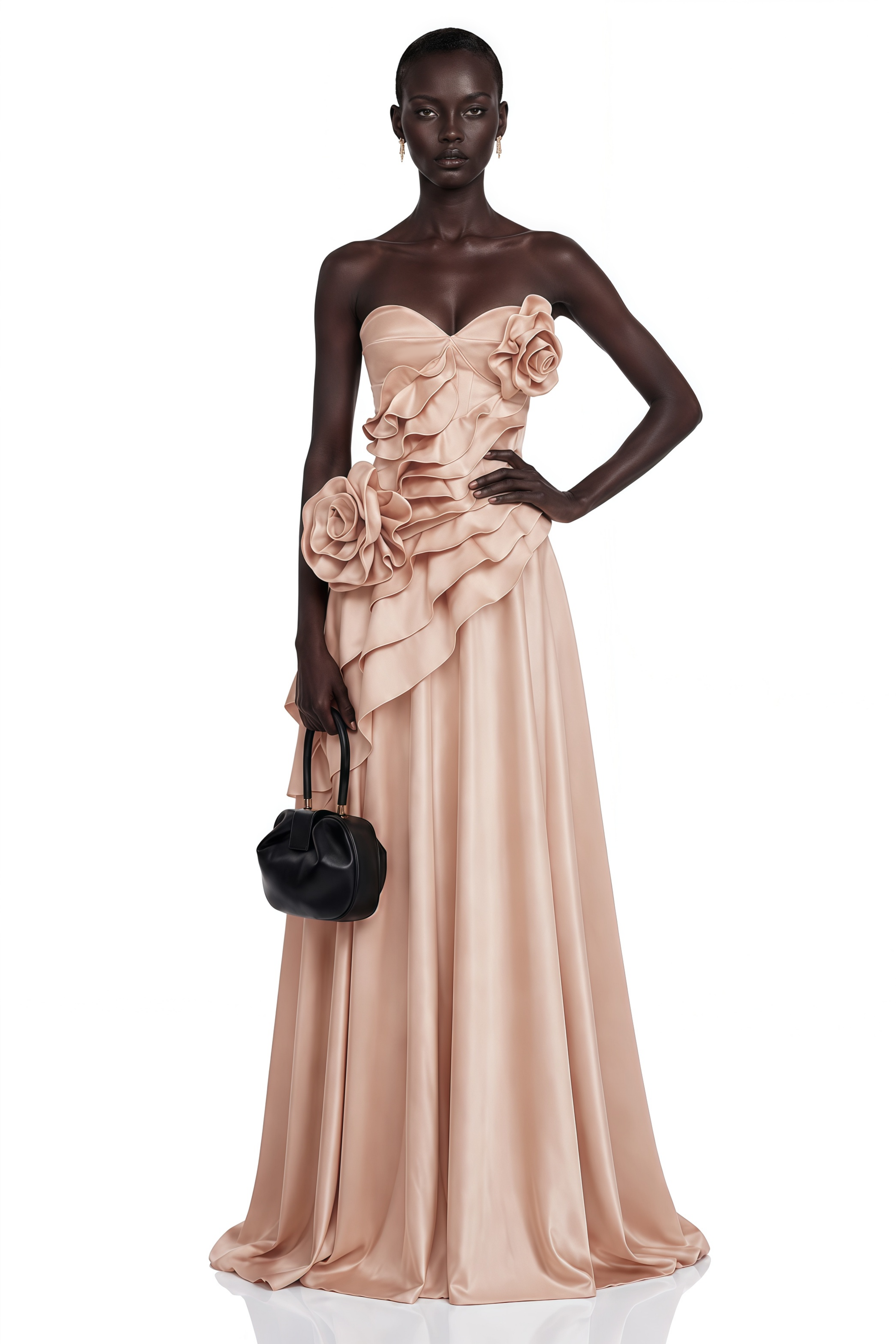 Robe longue asymétrique à volants Emine rose avec motifs floraux en 3D