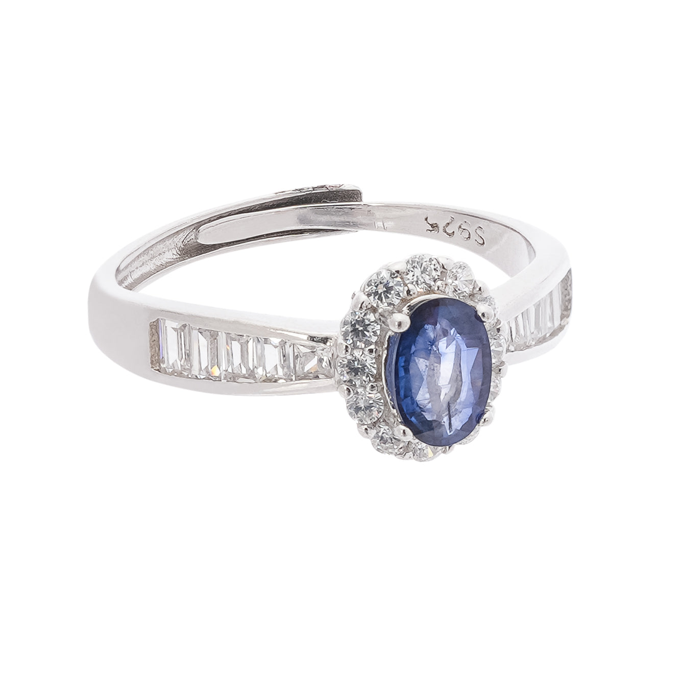 Emma Blue Sapphire Oval Cut Halo Baguette Crystal Sterling Silver Ring