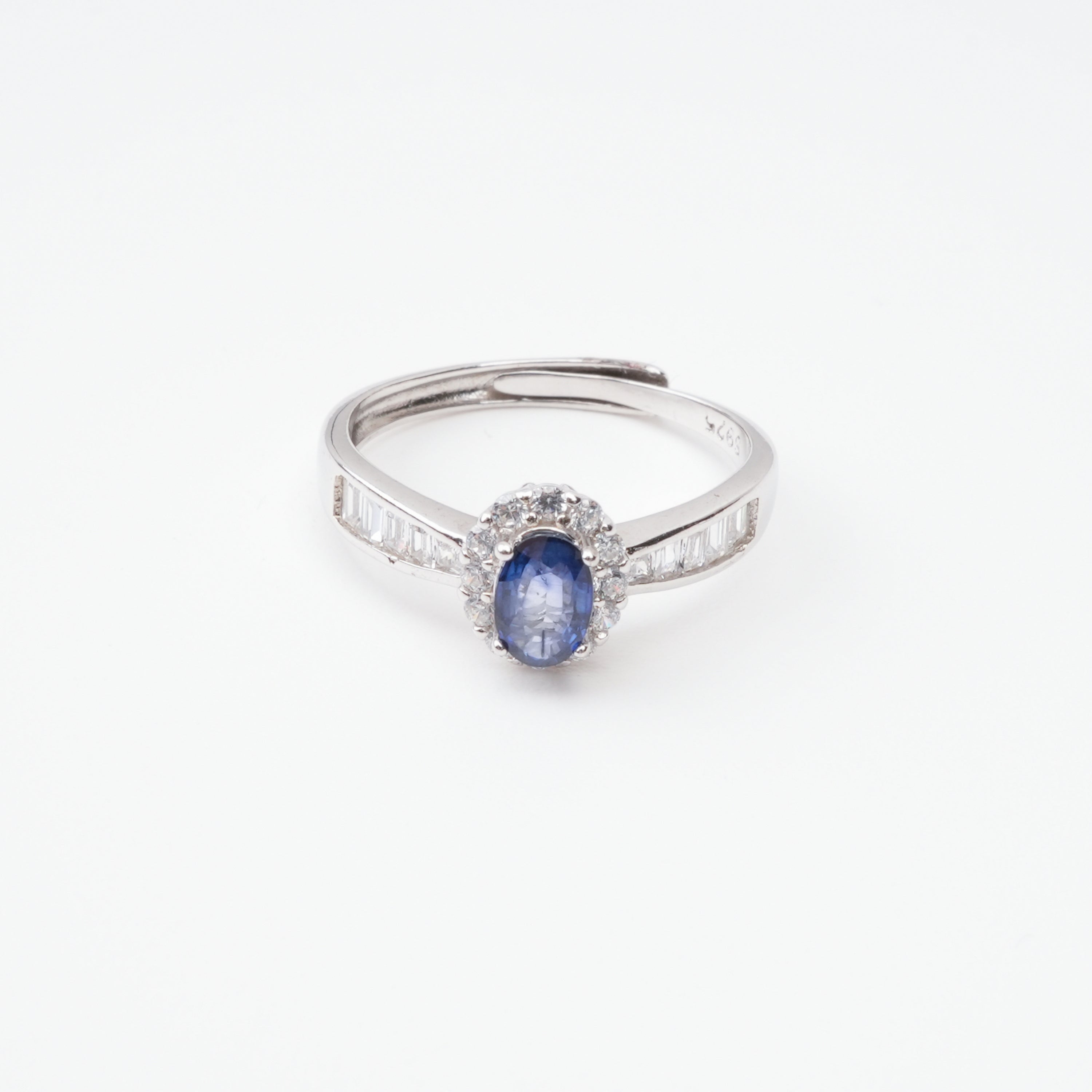 Emma Blue Sapphire Oval Cut Halo Baguette Crystal Sterling Silver Ring