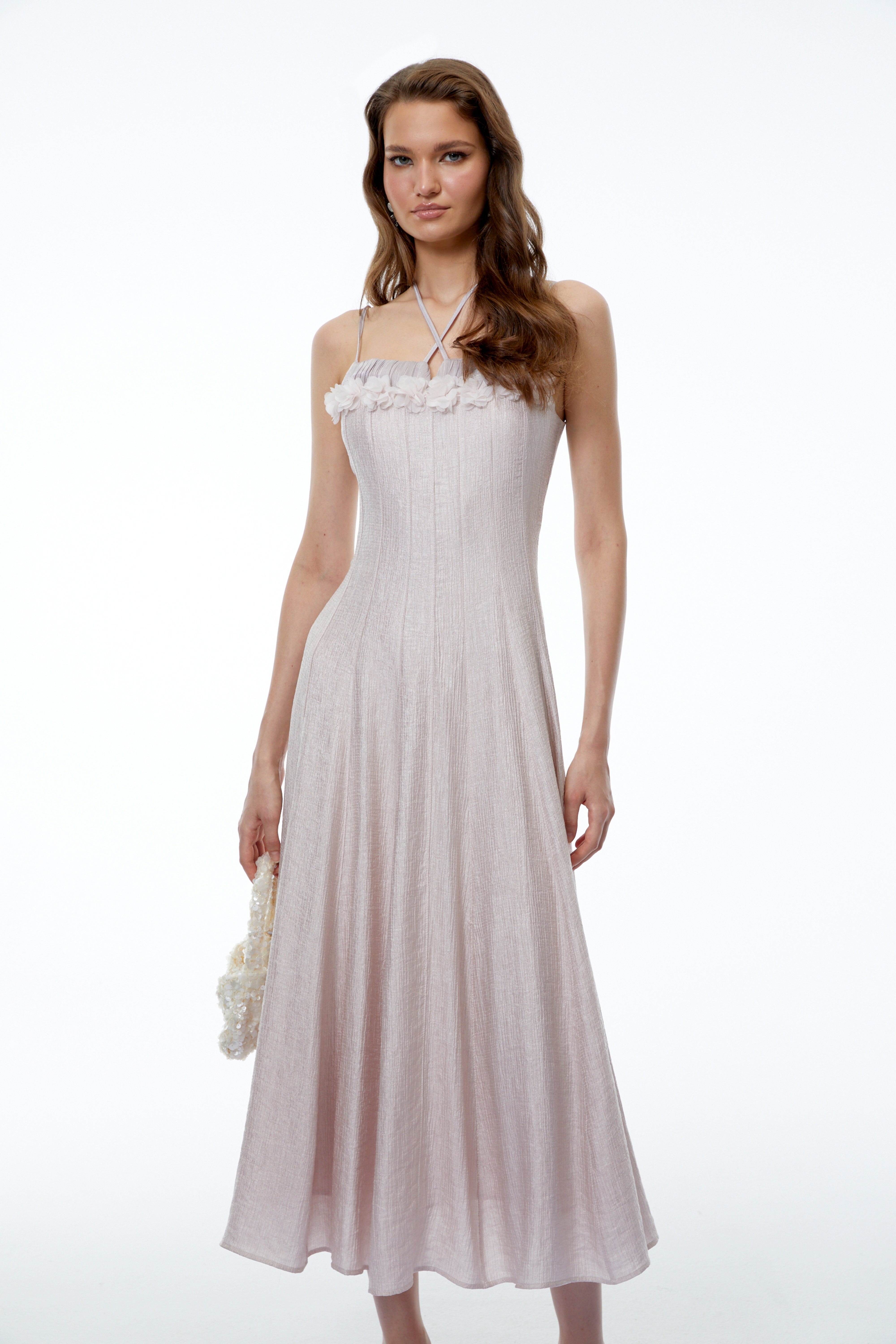 Emma Purple Halterneck 3D Floral Cinched Midi Dress